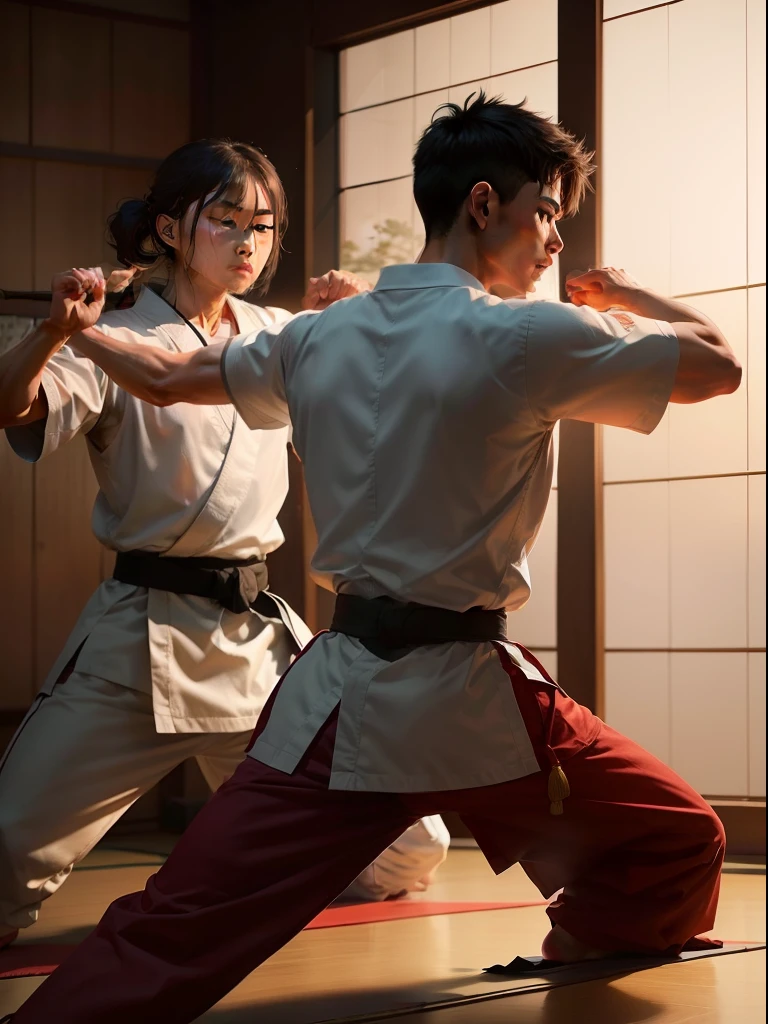 Create an artwork that portrays the essence of Japanese martial arts as guardians of peace. Envision a serene dojo nestled in a tranquil Japanese garden, with martial artists engaged in disciplined training. Capture the grace, precision, and meditative spirit of their movements. Emphasize the harmony and respect that martial arts instill in practitioners, as they dedicate themselves to both physical and spiritual growth. This image should convey the message that martial arts are a force for peace and self-improvement