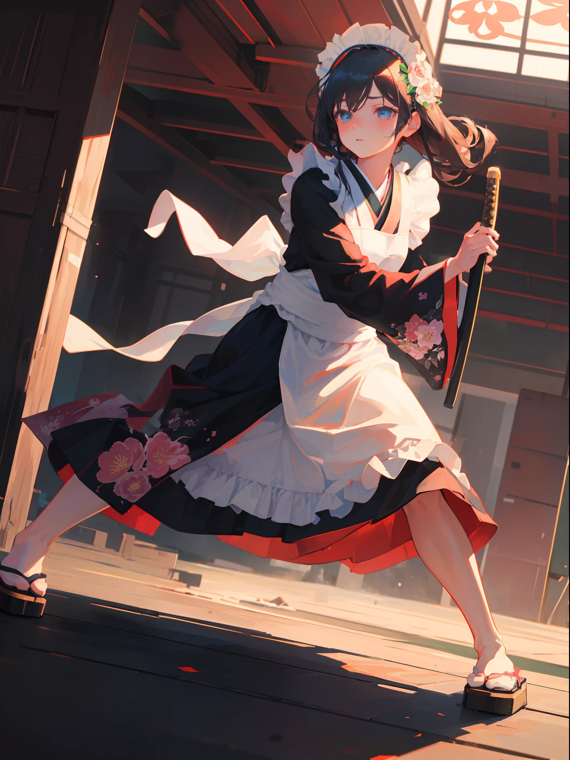 Best Quality, (Extremely detailed: 1.5), masutepiece, 超A high resolution,(photographrealistic:1.4), 1 beautiful girl, Cowboy Shot, (Wear battle armor:1.4), (Wear battle armor:1.6), (Floral part Telund black kimono:1.6), (maid:1.6), Black Maid Micro Skirt, holding a katana, Long straight hair, Hair over one eye,(Big eyes:1.1), Black hair, (Raw feet:1.3),Wind, Dynamic Angle, Dynamic Pose