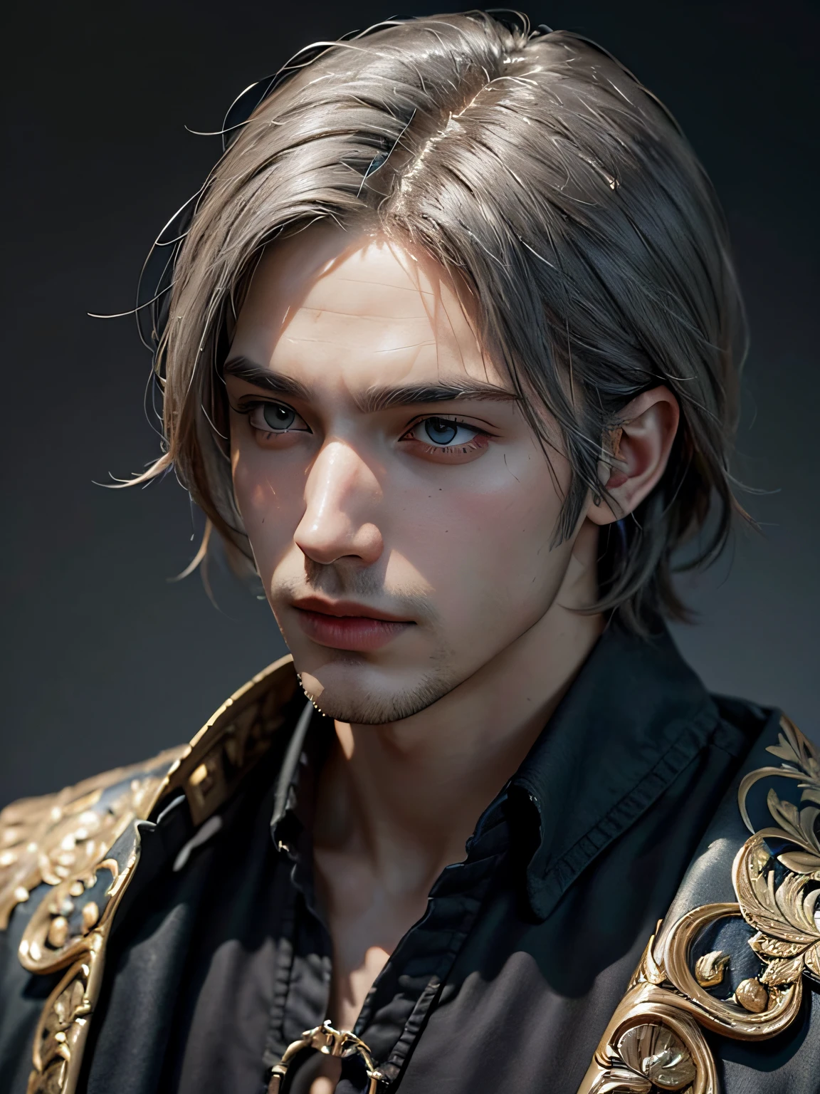 (More than half body), 1man, gray hair, an assassin, solo focus, mansculine adult face, black dress, frost forest, realistic, dynamic pose realistic, detailed and correct facial structure, blades ornaments, LEON S. KENNEDY, handsome, attractive, slightly muscular, cinematic lighting, unreal engine, trending on ArtStation, intricate details, masterpiece, best quality, by Irakli Nadar, Greg Rutkowski,(((best quality))),(((ultra detailed))),(((masterpiece)))