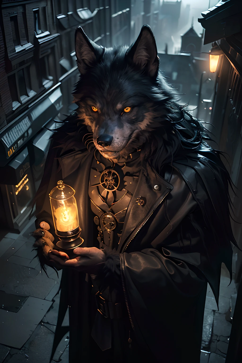 A 2-meter-tall werewolf, covered in thick, black fur, with nearly incandescent yellow eyes. It stands calmly, observing the city from above, reminiscent of the Gothic style of Gotham City. This creature embodies the essence of Gothic horror and is reminiscent of the world of "Werewolf: The Apocalypse" in the "World of Darkness" universe.