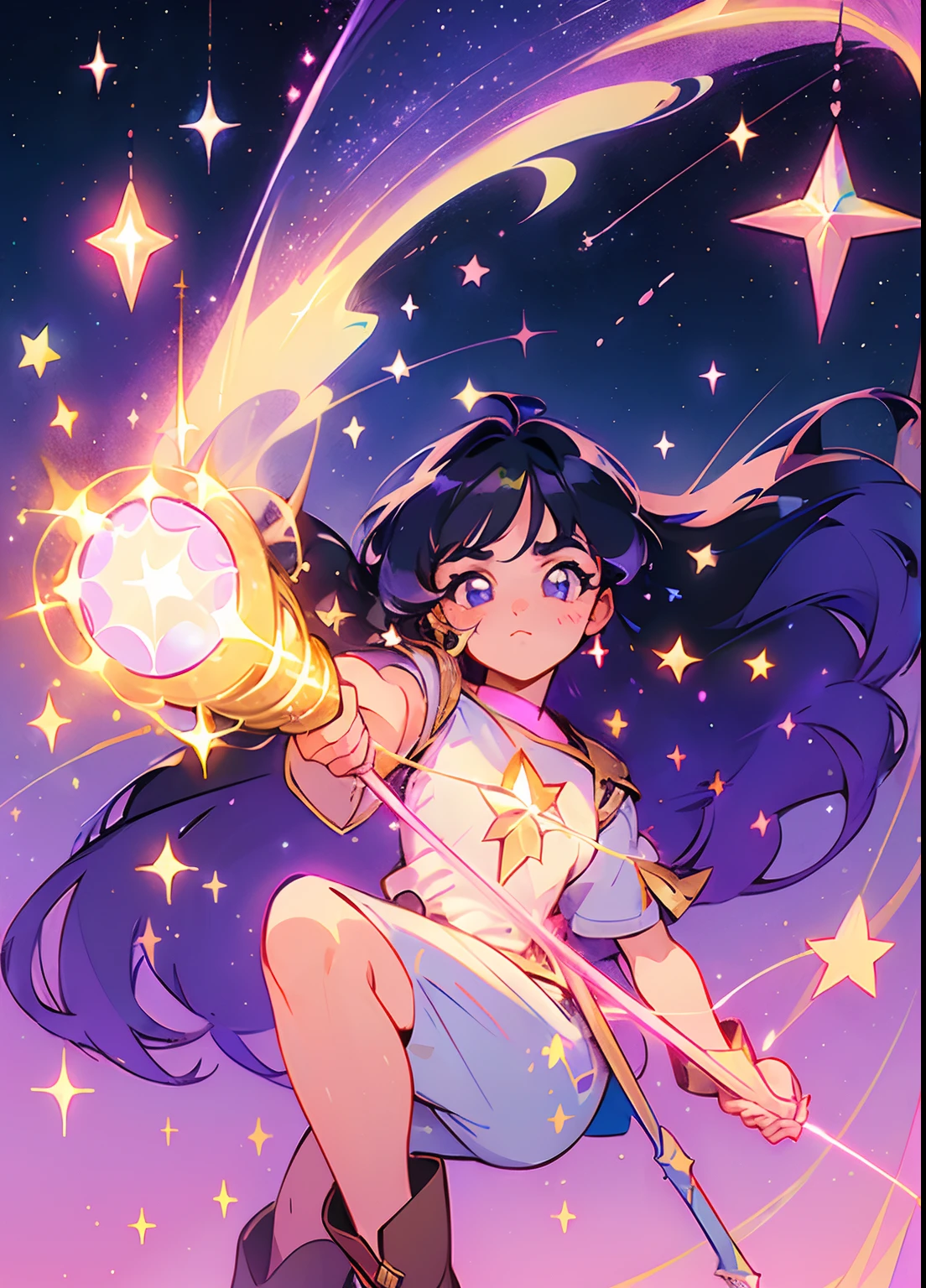 ((magical girl), ((gorgeous starry sky background)), ((ultra-detailed)), ((best illustration)), ((cinematic lighting)), dynamic angle, floating, finely detailed, (glitter:1.2), (sparkle:1.2), (shine:1.2), classic, confident, calm (painting:1.1), (sketch:1.1), (best quality), (masterpiece:1.2), (anime style), (solo), ((masterpiece)),(((best quality))), fullbody, full height illustration, 1 girl, purple hair color, no bangs, hairstyle, Purple olive eyes, environment change scene, long Hairstyle , Pose Zitai, genshin adventurer, Star, Charturnbetalora, background, character sheet, chubby, flaccid, masterpiece, delicate, best quality, beautiful, fine, covered knees, pants, tan skin beautiful detailed face, (cute face:1.3), (big eyes:1.3), black long hair, (long hair), (floating hair:1.2), (magical girl outfit), detailed outfit, (sparkling wand:1.3), (magical effects:1.3), (cute boots:1.1), (transparent fabric:1.1), (twinkle:1.2), (glow:1.2), (radiance:1.2), (flicker:1.2), (dazzle:1.2), star guardian