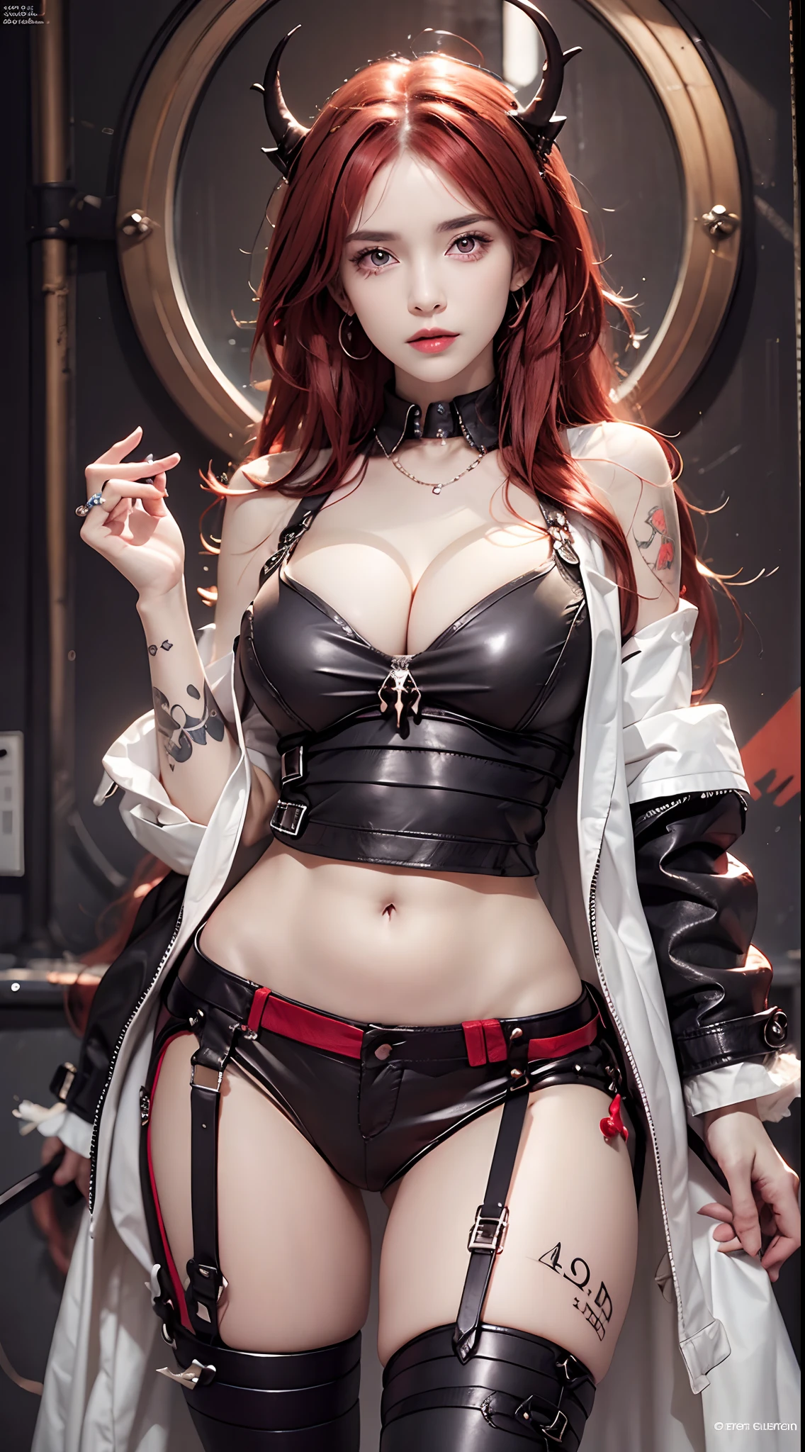 Photorealistic, high resolution, 1 woman, Hips up, Beautiful eyes, Long hair, ringed eyes, jewelry, tattoo, origen horns, red hair, jacket