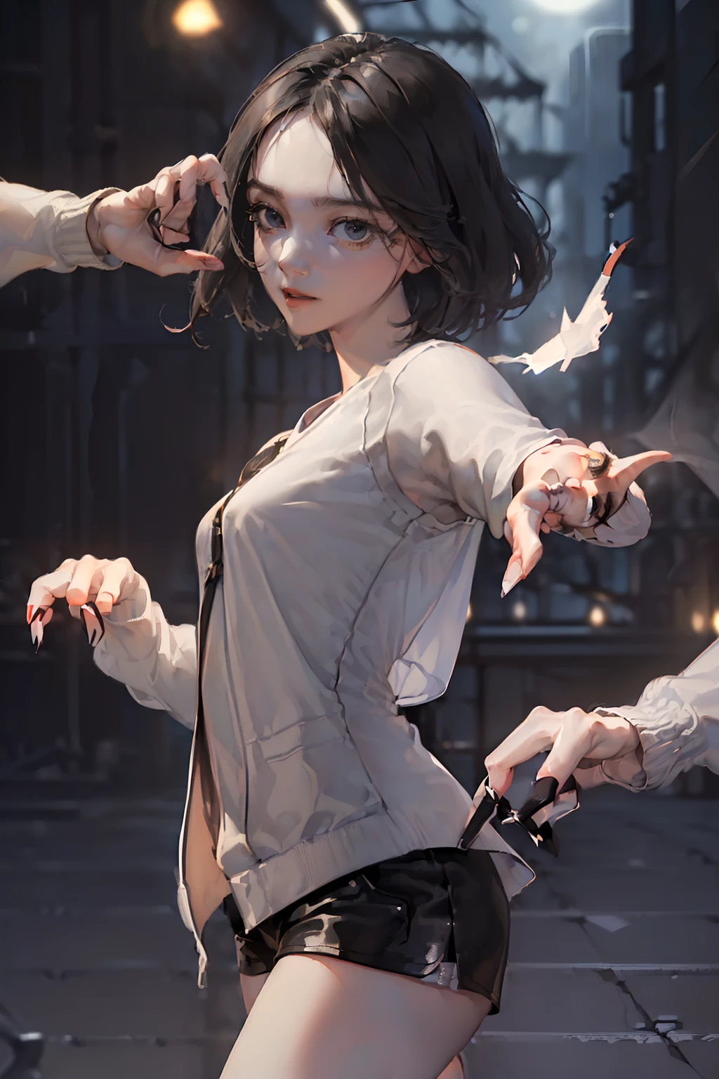 ((((Night Dance Studio)),((Female 24 years old)),((Best Quality:1.5)),(((Hands with the correct number and structure of fingers:1.4))),hight resolution,ultra-detailliert,​masterpiece,best qualtiy,(Eight-headed body),Forehead、Straight short hair、Black hair, long eyeslashes, Solid Circle Eyes, A smile、makeup, , Atmospheric perspective,Super Detail, ccurate, small brest,(Grey Long Cardigan、white t-shirts、Black leather shorts),beauty legs、long legged、top-quality, blurry backround, bokeh dof:1.2, (​masterpiece:1.3), Atmospheric perspective,Super Detail,dynamic compositions,Dancing、((Smeat))、Video through a smartphone camera、Recording、REC、Gonzo
