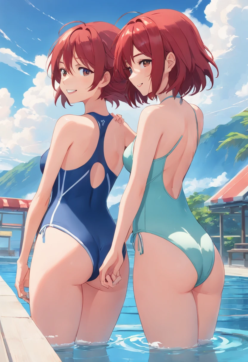 two girls, hand on ass ,realistically、17 year old girl、red hair, big ass, cleavage, wearing off-white competition swimsuit、Smile、bottom boolean swimming、sexy pose