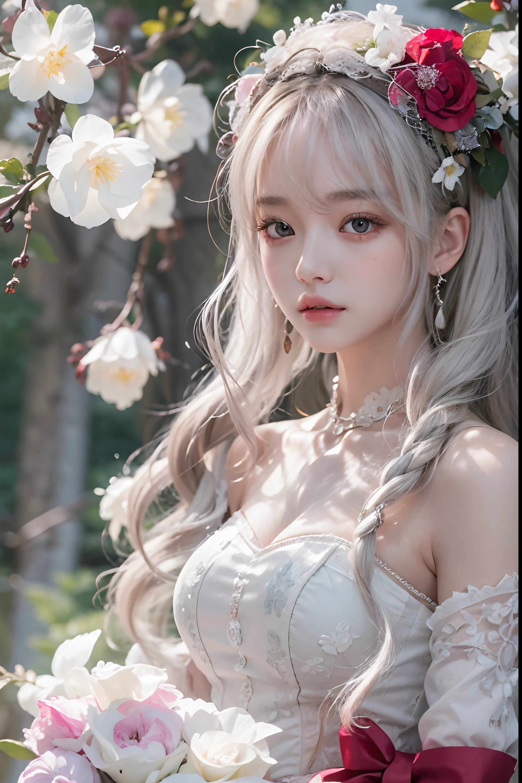 (Best Quality Detail)、realisitic、8K UHD、hight resolution、(1girl in:1.2)、The ultra-detailliert、High quality textures、intricate detailes、detaileds、Very detailed CG、High quality shadows、Detail Beautiful delicate face、Detail Beautiful delicate eyes、depth of fields、Ray traching、in her 20s、Pretty Kpop Girl、(Korean Urzan Face)、Slender face、(ulzzang -6500-v1.1:0.6)、pureerosface_v1、gloweyes、perfectbody、 look at viewr、(Best Quality Detail:1.2)、realisitic、8K UHD、hight resolution、(1girl in:1.2)、The ultra-detailliert、High quality textures、intricate detailes、detaileds、Very detailed CG、High quality shadows、Detail Beautiful delicate face、Detail Beautiful delicate eyes、depth of fields、Ray traching、in her 20s、Pretty Kpop Girl、(Korean Urzan Face)、Slender face、(ulzzang -6500-v1.1:0.6)、teak、Glossy lips、、high-level image quality, The highest image quality, top-quality, Photorealsitic, ultra-detailliert, photos realistic, 4K 8K UHD Full Color RAW Photos, Fuji Film(Medium format), Hasselblad, Carl zeiss, Incredible dynamic range photography(UTIL_Art by Smoose-768:1.1),hight resolution, High pixel count, clear details, crisp image, Natural color reproduction, Noise Reduction, High fidelity, qulity, Software Improvements, Upscaling, Optimized algorithms, Pro-level retouching, (Jewelry Accessories)、(Eye color red)、(White hair), (long)、(Layered Hair Style), Description beautiful delicate hair、(Black Gothic Lolita)、White flowers bloom all over the wall、