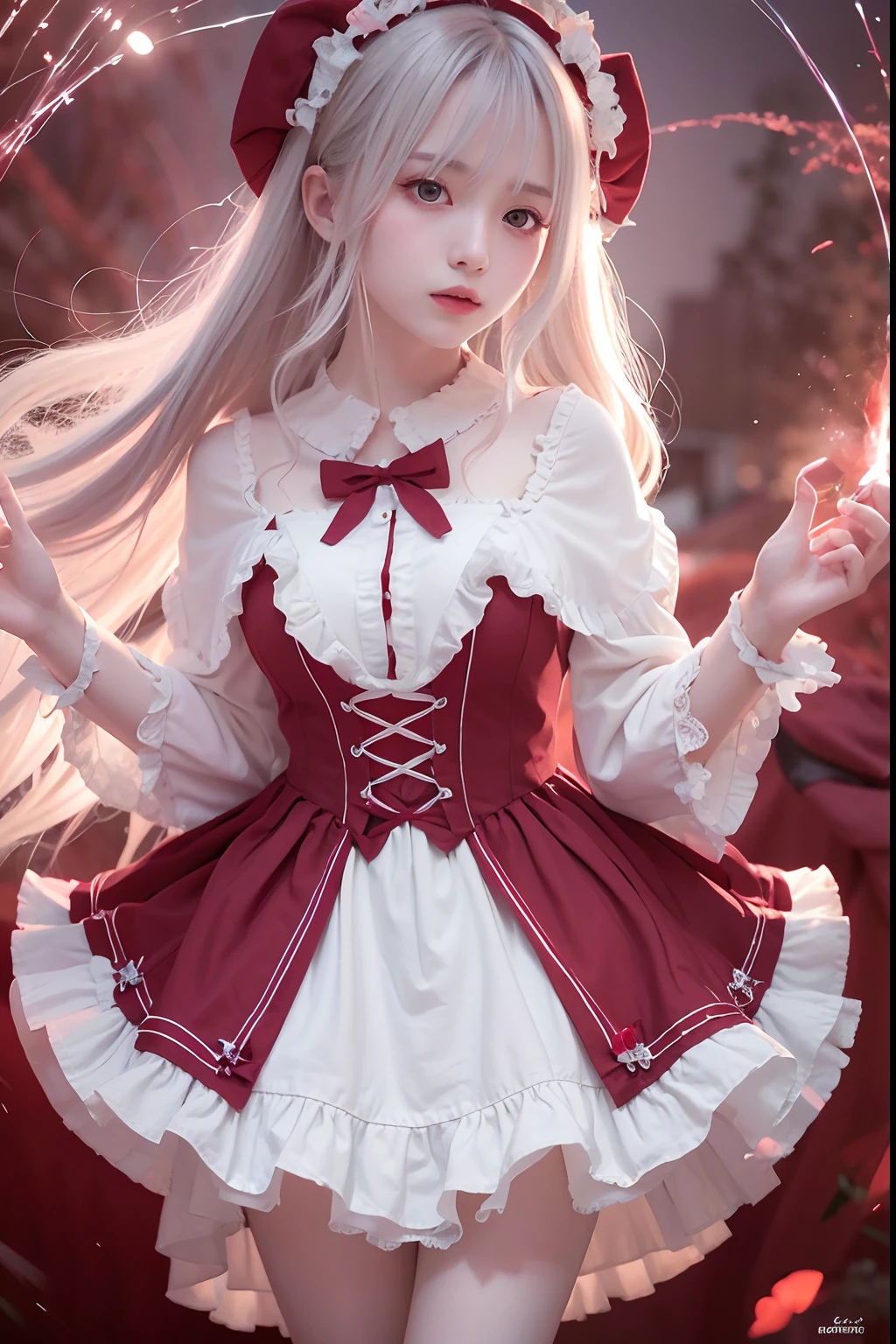 RAW photo, (Full HD epic wallpaper)，8K，hyper HD, Digital SLR, Soft lighting, High quality, filmgrain, Fujifilm XT3,The eyes are delicate and clear，The face is super clear，(1人, femele:1.2),( A half body), Long gray hair, (The camera is focused on the knee:1.3)，Solo, Detailed background, Detailed face, Pale complexion, Lolita costume, Red robe, , Floating particles, particle fx,, red flames, the are In the background, Surrounded by a crimson mist, Sunset, symetrical composition, Epic atmosphere,