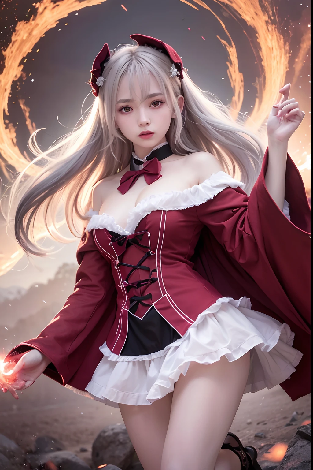 RAW photo, (Full HD epic wallpaper)，8K，hyper HD, Digital SLR, Soft lighting, High quality, filmgrain, Fujifilm XT3,The eyes are delicate and clear，The face is super clear，(1人, femele:1.2),( A half body), Long gray hair, (The camera is focused on the knee:1.3)，Solo, Detailed background, Detailed face, Pale complexion, ta costume, Red robe, , Floating particles, particle fx,, red flames, the are In the background, Surrounded by a crimson mist, Sunset, symetrical composition, Epic atmosphere,