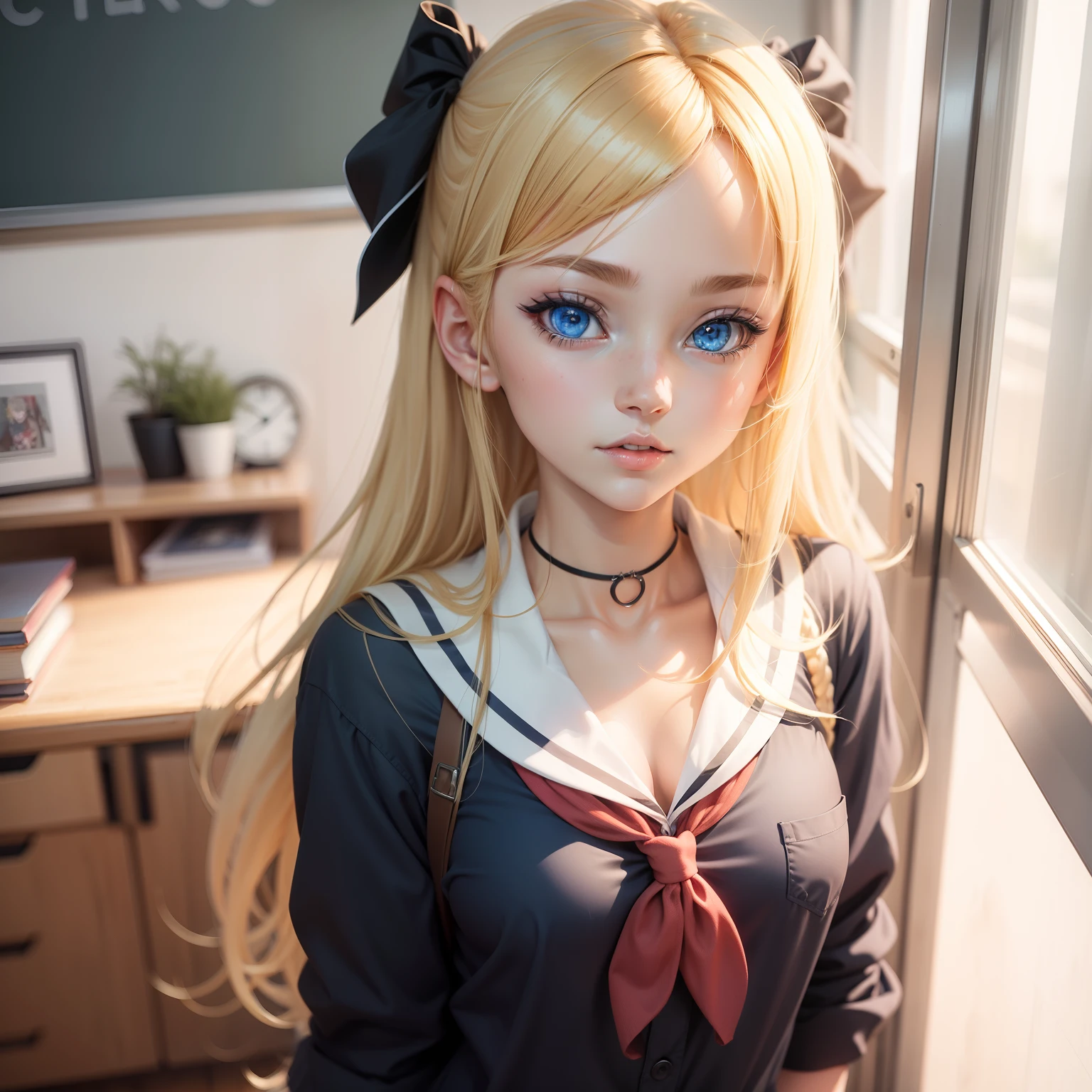 1anime school girl, blonde hair, blue eyes