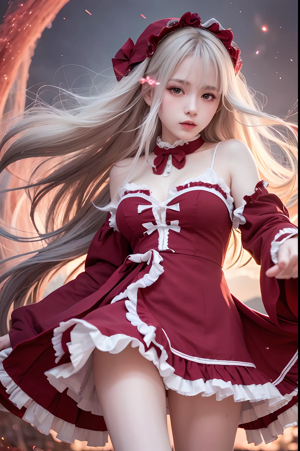 RAW photo, (Full HD epic wallpaper),8K,hyper HD, Digital SLR, Soft lighting, High quality, filmgrain, Fujifilm XT3,The eyes are delicate and clear,The face is super clear,(1人, femele:1.2),( A half body), Long gray hair, (The camera is focused on the knee:1.3),Solo, Detailed background, Detailed face, Pale complexion, ta costume, Red robe, , Floating particles, particle fx,, red flames, the are In the background, Surrounded by a crimson mist, Sunset, symetrical composition, Epic atmosphere,