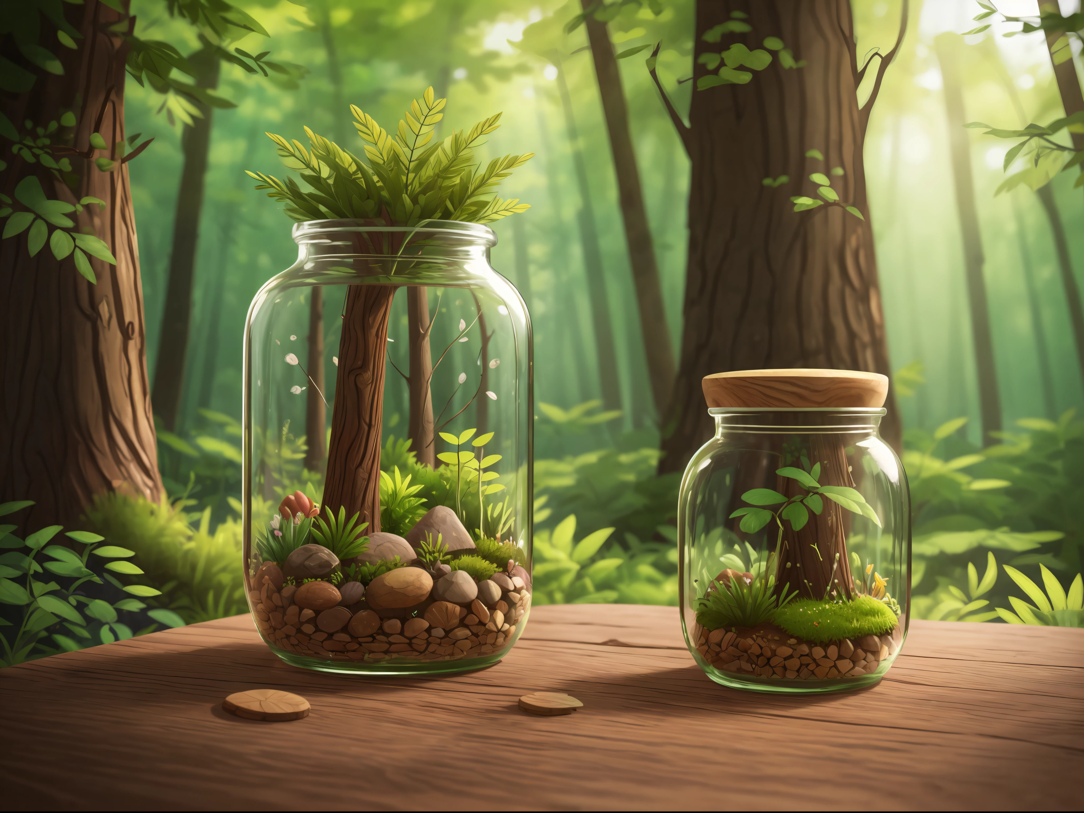 a forest in a jar life on a wooden desk. super detailed. natural light --auto