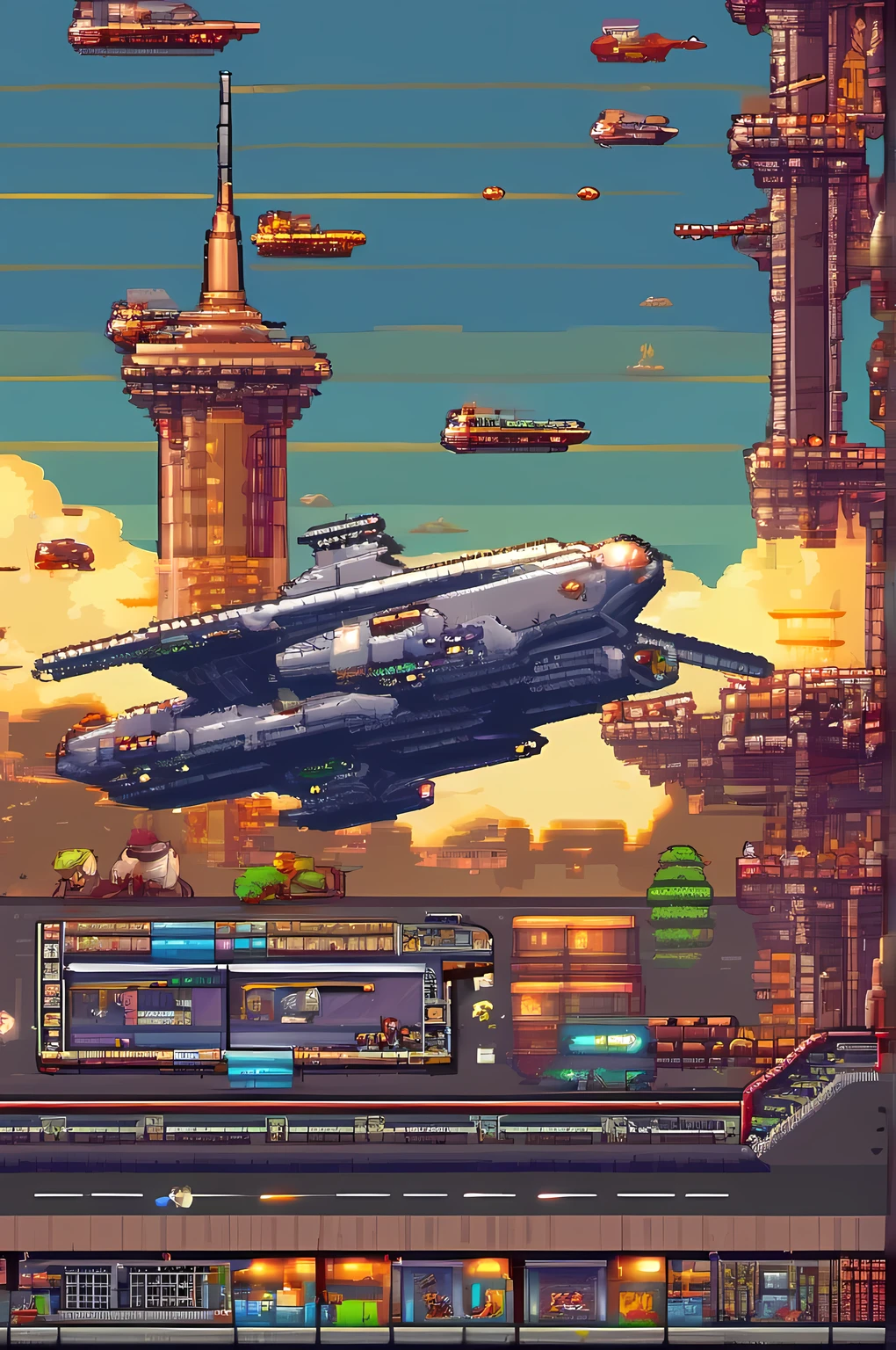 Pixel Game Scenes、Retro Arcade Games、Game bench、Arcade game consoles、pixel art、Shooter、Sci-fi shooter、spaceships、Enemy giant spaceships、laser beam、bomb、Countless beams、Scrolling shooter、Medium Boss Battle、Bullet Strike、Twinbee、Invaders Game、gladius、cosmic space、an alien、Alienship、R-type、