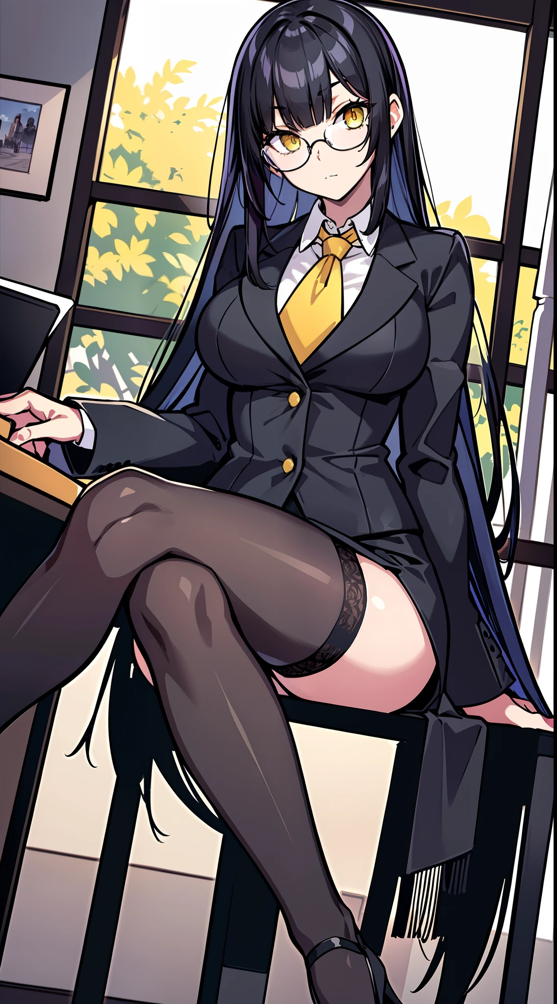 masterpiece,(bestquality),highlydetailed,ultra-detailed,{black hair} (long whitr hair)(Lateral hair)(Shawl hair)(hair straight)，(glasses),(Yellow eyes),fleshy feeling，fleshy legs,dark, professionalattire, confidentpose, sophisticated, elegant, black high heels, workplace, careerwoman, black stockings, stylish, sleekhairstyle, polishednails, assertive, focusedexpression, minimalisticoffice, officeenvironment