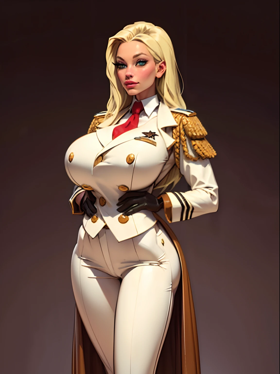 Lonely  girl, Tall stature, little chest, closed mouth, Slavic appearance: Green eyes; blond hair; sharp facial features; dimple on the chin; Straight nose; high nose; pronounced high cheekbones; high forehead, stands upright, (gigantic breasts:1.4), detailed face, military uniform:  double-breasted overcoat; pants, Full-length painting, leather gloves