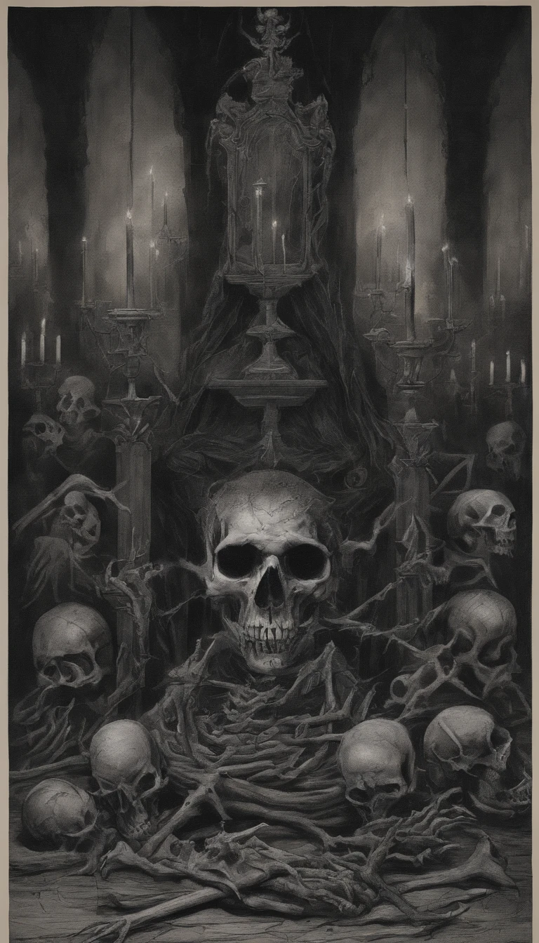 A bloody skull necromancer, in a candlelit room, a pile of bones, hyper-realistic, artistic,