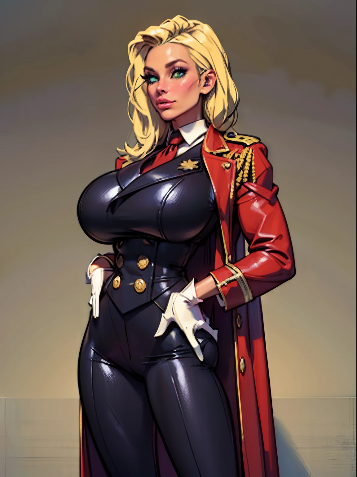 Lonely young adult girl, Tall stature, little chest, closed mouth, Slavic appearance: Green eyes; blond hair; sharp facial features; dimple on the chin; Straight nose; high nose; pronounced high cheekbones; high forehead, stands upright, (gigantic breasts:1.4), detailed face, military uniform: double-breasted overcoat; pants, Full-length painting, leather gloves