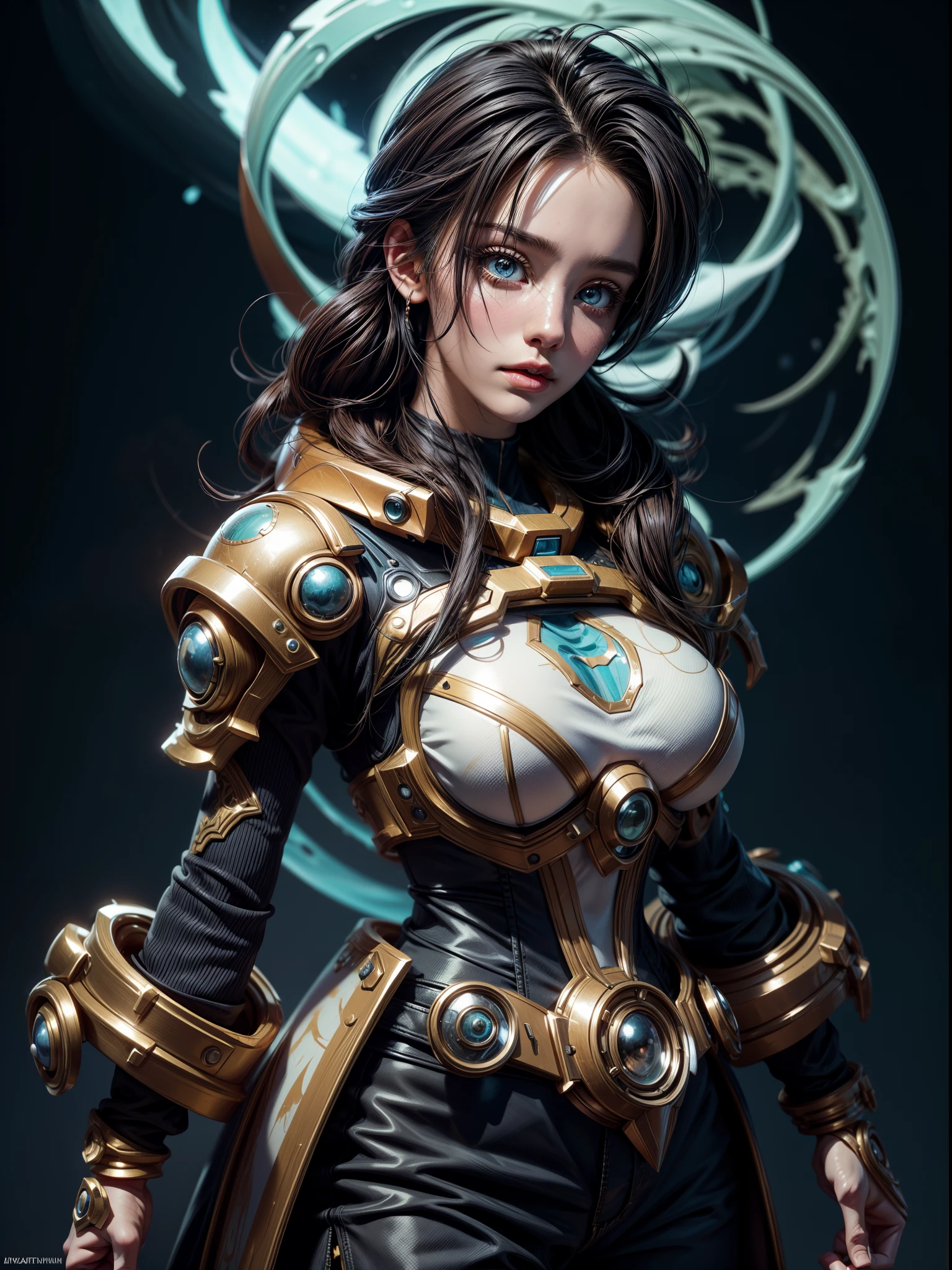(high resolution,overwhelmingly pixel-perfect,luxurious illustration), (Ultra Quality, Masterpiece, Ethereal:1.4), nagatiti, (Gigantic Breasts:1.6), (hanging breasts: 1.5), (breasts squeeze: 1.3), (bimbo 1.4), (disproportional tits: 1.4), (Realism:1.2), (Realisitc:1.2), (Absurdres:1.4), 8K, Ultra-Detailed, Detailed Beautiful Mature Face,(Solo:1.4), 1Girl, (Facing Viewer:1.2), intricate body details, (Milf: 1.4), (Curvy:1.3), woman in a corset and gold outfit posing for a picture, a character portrait inspired by Mark Brooks, Artstation contest winner, fantasy art, a steampunk beautiful goddess, zenescope, like lady mechanika, alluring mesmer woman, golden corset, fantasy woman, portrait of lady mechanika, yennefer of vengerberg