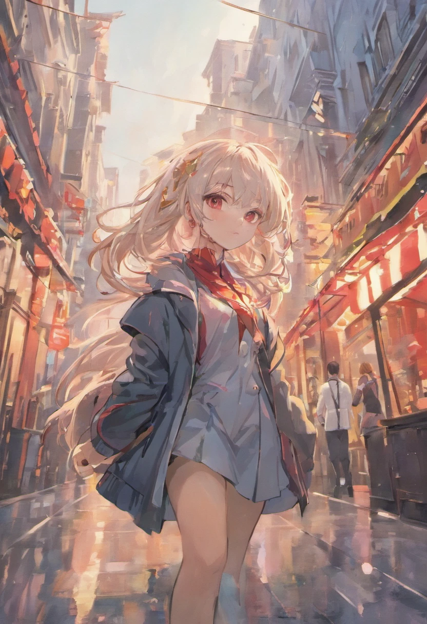 masterpiece, (bestquality), highlydetailed, ultra-detailed, elegant, confident, professional,1girl,bishoujo,stare,red eyes,beautiful detailed eyes,long hair,white hair,silver_hair,Wing-like bangs,Dull hair,ahoge,Hair rings,braid, cold,, (business attire), (high heels), (briefcase), (cityscape in background), bright lighting, strong rim light, (successful career), (powerful), (focused expression)