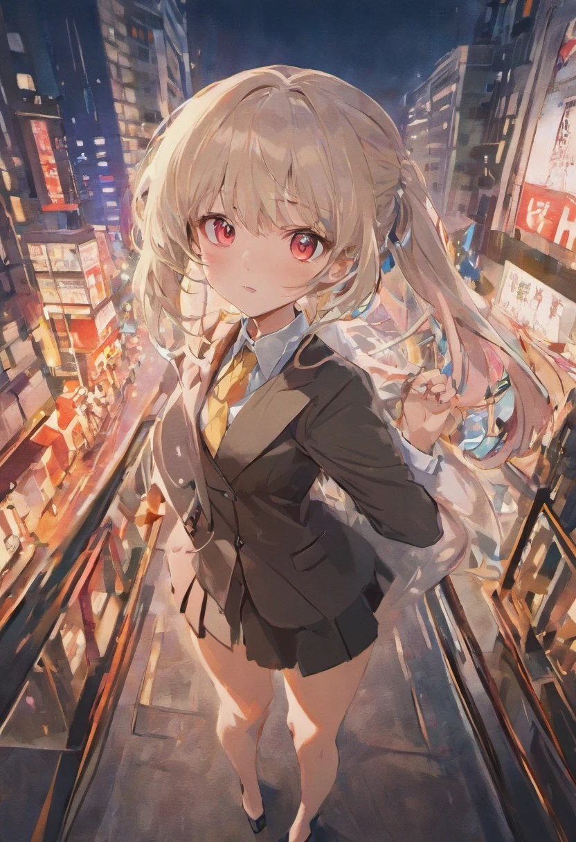 masterpiece, (bestquality), highlydetailed, ultra-detailed, elegant, confident, professional,1girl,bishoujo,stare,red eyes,beautiful detailed eyes,long hair,white hair,silver_hair,Wing-like bangs，Dull hair,ahoge,Hair rings,braid, cold,, (business attire), (high heels), (briefcase), (cityscape in background), bright lighting, strong rim light, (successful career), (powerful), (focused expression)