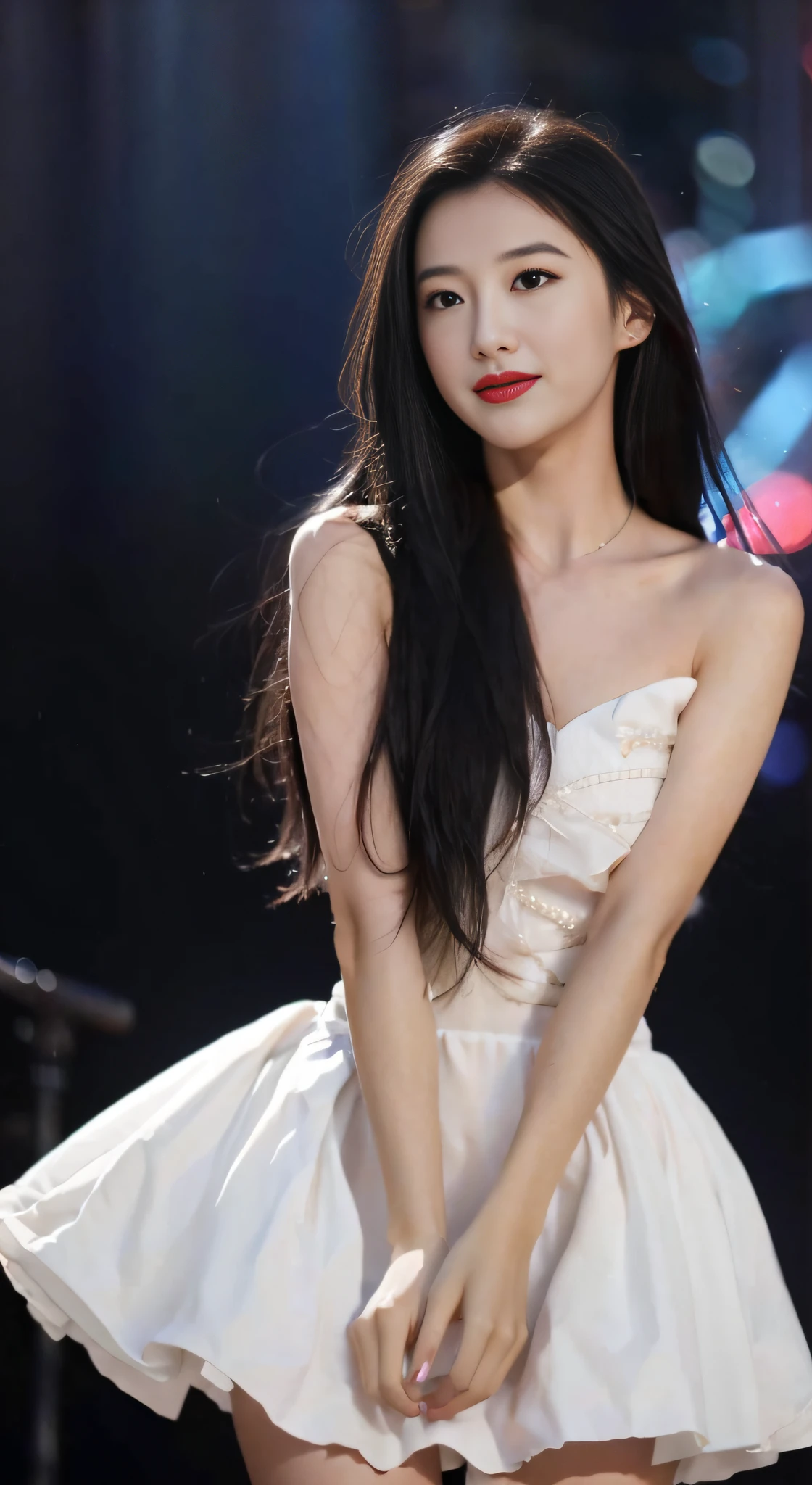,masutepiece, Best Quality,8K, 超A high resolution,Real Lights and Shadows,(beautidful eyes:1.1), Beautuful Women,The lights on the stage instantly softened.,A curtain of rain fell from all directions,Like a drizzle in fairyland,Slowly cover the entire stage。The idol singer wore a white dress,It's like turning into a spirit in the rain。A drizzle dripped onto her skin,crystal-clear,Pearly brilliance。She looked up,close your eyes slightly,Feel the rain sliding down your face。
The music started slowly,She pursed her red lips,Like a thread blown in the wind,Have a gentle singing voice。accompaniment,Her dance steps are light。She danced her arms,Gentle as a feather,Blowing water mist into the air,Form unique dance patterns。Raindrops condensed into a beautiful arc along her figure,It's like an ordinary star,Decorate the entire picturesque stage。
Her singing and dancing seem to melt into the rain,Draw the audience into the realm of beauty。Every dance brings breathtaking beauty,Every note is a person々Evokes the softest emotions in the mind of。The audience listened quietly,It's like being in a magical wonderland,Infected by her performance、shock,slowly。
