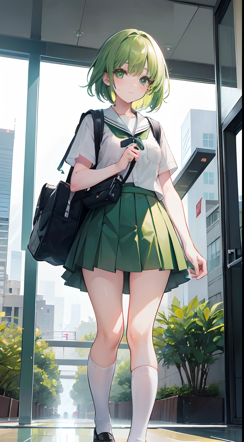 1 girl, short green hair, green eyes, wearing a Japanese school uniform, short skirt, carrying a school backpack, city, cute faces, 8k, ultrasharp, masterpiece, looking at viewer