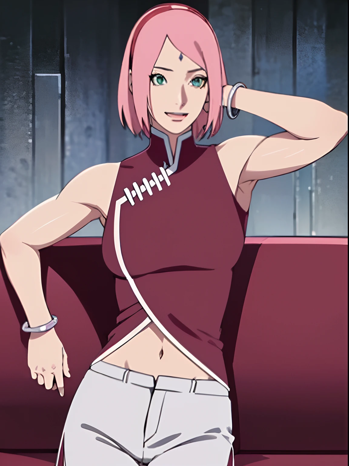 a beautiful woman in a short skirt with a black vest and short blouse, 1girl, solo, navel, realistic, thighhighs, skirt, indoors, looking at viewer, medium breasts, midriff, sakura haruno from sasuke retsuden boruto naruto Short pink hair, side bare boobs, detailed hair, ultra hd, curvy figure, perfect body, perfect face, sideboob, Short pink hair, green eyes, nipples, naked clothes