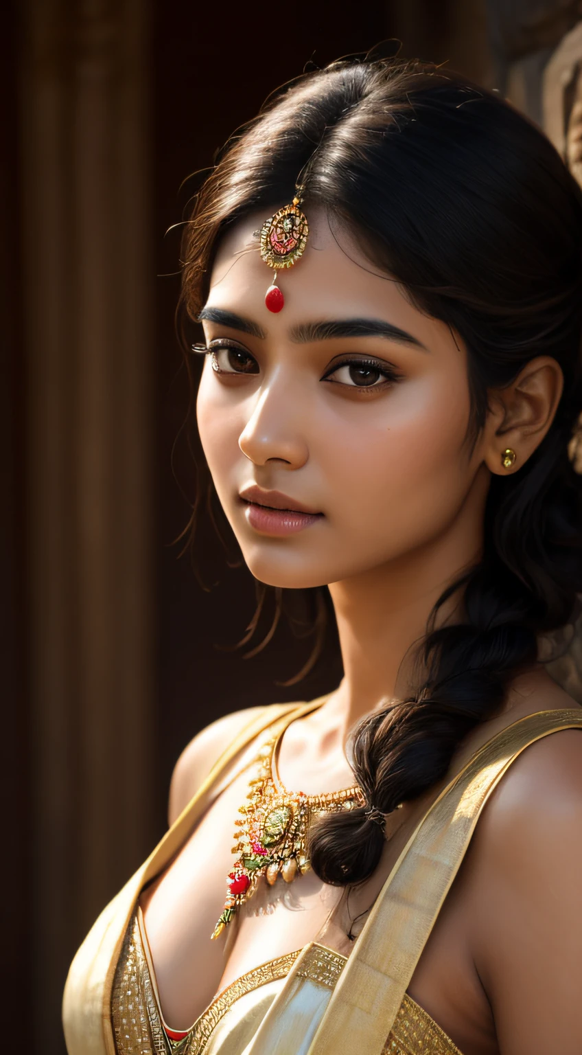 young Indian girl, 18-year-old, old looking top, 100 AD style dress, gentle lighting, intricate facial details, flawless complexion,full body picture, top-notch 3D rendering, hyper-realistic,  photorealistic digital art trending on Artstation 8k HD high definition detailed realistic, detailed, skin texture, hyper detailed, realistic skin texture, armature, best quality, ultra high res, (photorealistic:1.4),, high resolution, detailed, raw photo, 400 camera f1.6 lens rich colors hyper realistic lifelike texture dramatic lighting