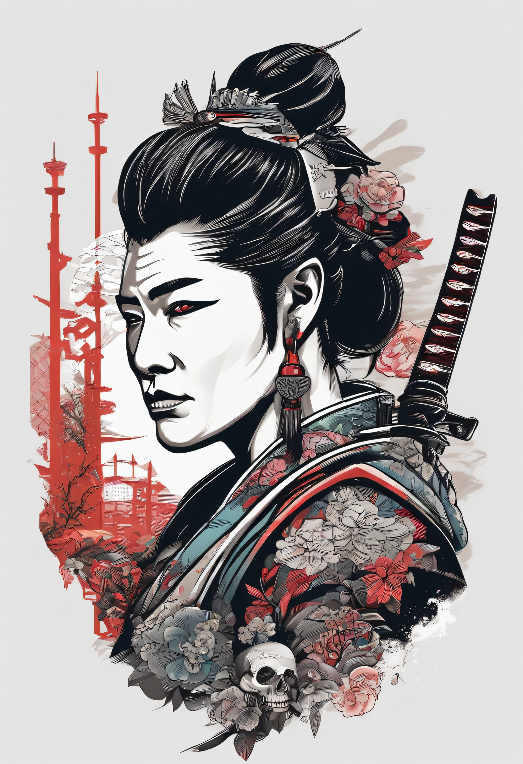 japanese cyberpunk samurai vector t-shirt print, detailed sticker style, tattoo style color drawing, white background
