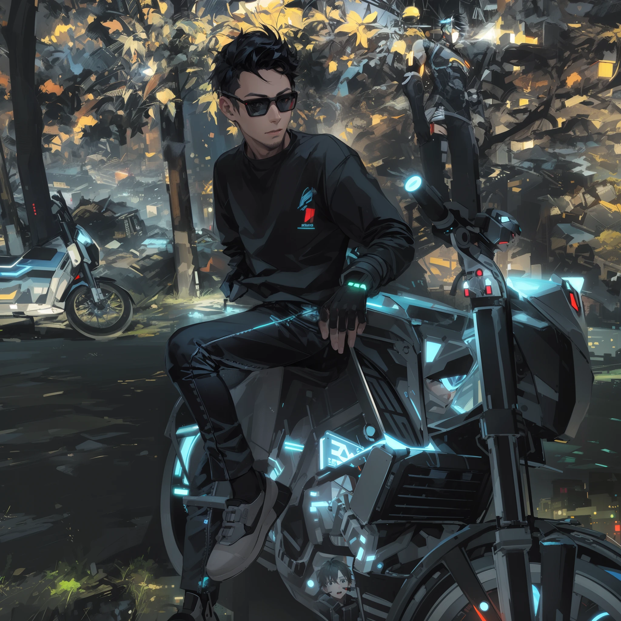 cyber punk, city, 1boy, black hair, black eyes, cyborg
