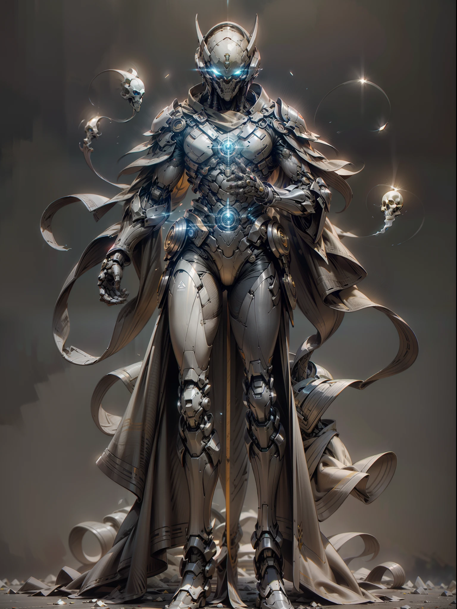 Wizard, ghost hunter who is proficient in chemical and pharmaceutical spells, magic surrounds the whole body, magical spells, complex potion bottles scattered on the ground, skulls fall to the ground, super cool ghost hunter, male, magician, long cloak, with veil, wearing blue mechanical armor, glowing blue eyes, perfect body proportions, full body shot, super detail, IP by pop mart, edge light, avatar, octane rendering, blender, clean black background, 3d, c4d, best quality, very detailed, Ancient Technology, HDR (High Dynamic Range), Ray Tracing, NVIDIA RTX, Super Resolution, Unreal 5, Subsurface Scattering, PBR Texture, Post Processing, Anisotropic Filtering, Depth of Field, Maximum Clarity and Acutance, Multilayer Textures, Albedo and Highlight Maps, Surface Shading, Accurate Simulation of Light-Material Interactions, Perfect Proportions, Octane Rendering, Two-tone Lighting, Low ISO, White Balance, Rule of Thirds, Wide Aperture, 8K RAW, High Efficiency Sub-Pixel, Subpixel Convolution, Glowing Particles, Light scattering, Tyndall effect
