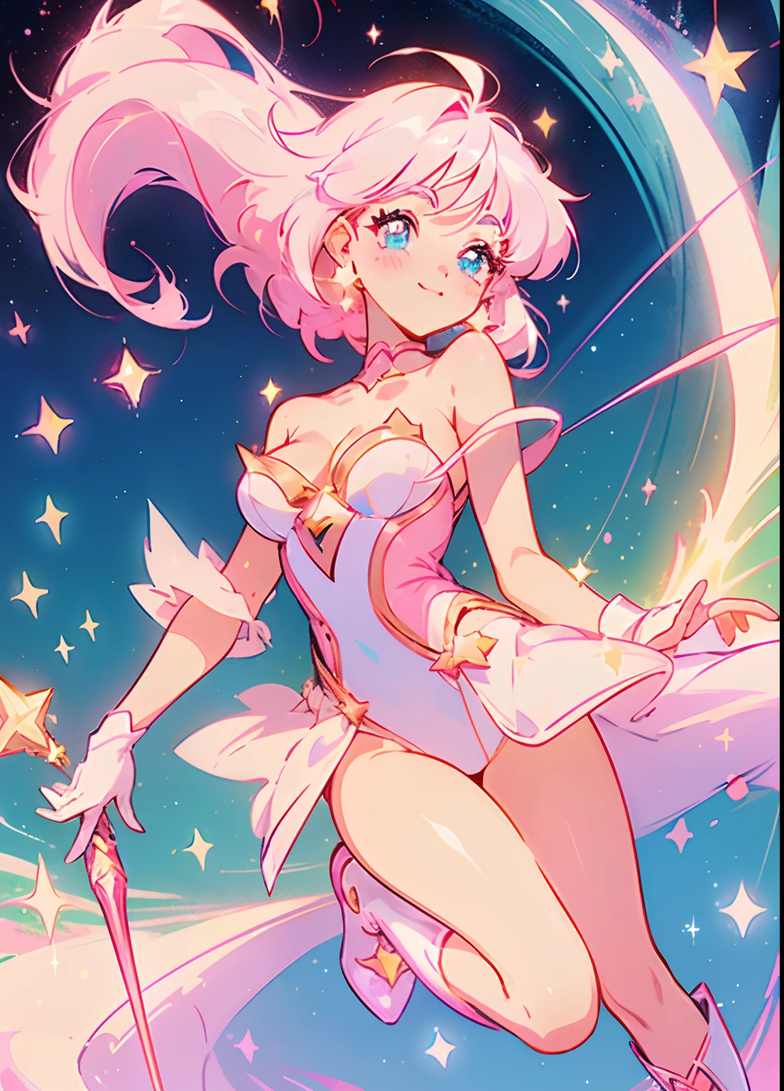 ((magical girl), ((gorgeous starry sky background)), ((ultra-detailed)), ((best illustration)), ((cinematic lighting)), dynamic angle, floating, smiling, confident, Ax, finely detailed, (glitter:1.2), (sparkle:1.2), (shine:1.2), classic, confident, calm (painting:1.1), (sketch:1.1), (best quality), (masterpiece:1.2), (anime style), (solo), ((masterpiece)),(((best quality))), fullbody, full height illustration, 1 girl, white hair color, no bangs, hairstyle, pink olive eyes, environment change scene, long Hairstyle , Pose Zitai, genshin adventurer, Star, Charturnbetalora, background, character sheet, chubby, flaccid, masterpiece, delicate, best quality, beautiful, fine, naked knees, big breasts, Cleavage, pale skin beautiful detailed face, (cute face:1.3), (big eyes:1.3), white short hair, (short hair), (floating hair:1.2), (magical girl outfit), detailed outfit, (sparkling wand:1.3), (magical effects:1.3), (cute boots:1.1), (transparent fabric:1.1), (twinkle:1.2), (glow:1.2), (radiance:1.2), (flicker:1.2), (dazzle:1.2), star guardian