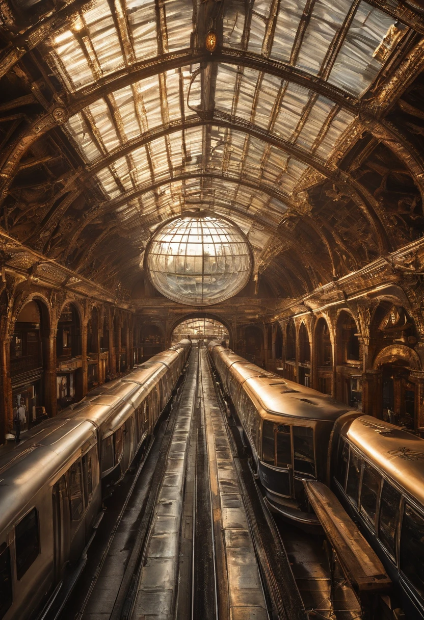 Aerial view Futuristic elevated train station, protected with a transparent dome, gente caminando por la acera, reflejos de una puesta de sol realista, obra maestra, la mejor calidad, extremadamente detallada, fondo de pantalla de 8k, Futuristic photography style