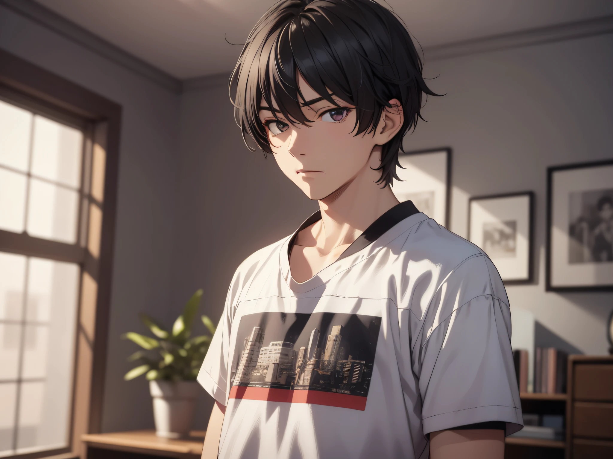 masutepiece, High quality, Best Quality, hard disk, Realistic, Perfect Lighting, Detailed face, male people,24 year old, Detailed body, 1 man, Short black hair, (Innocent expression: 1.5) (Innocent face: 1.5), Stand in your room while sleeping,excited、I'm