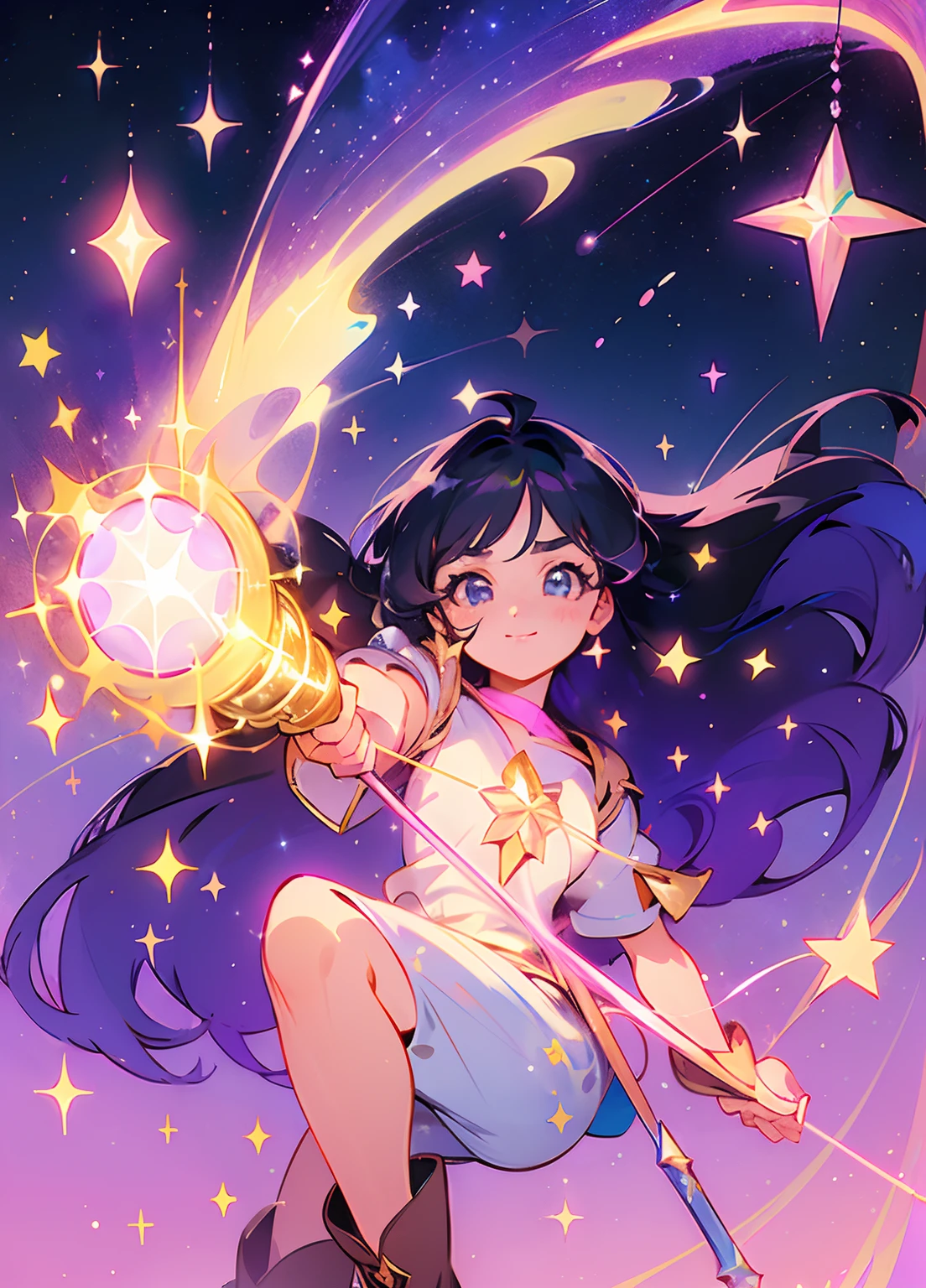 ((magical girl), ((gorgeous starry sky background)), ((ultra-detailed)), ((best illustration)), ((cinematic lighting)), dynamic angle, floating, smile, finely detailed, (glitter:1.2), (sparkle:1.2), (shine:1.2), classic, confident, calm (painting:1.1), (sketch:1.1), (best quality), (masterpiece:1.2), (anime style), (solo), ((masterpiece)),(((best quality))), fullbody, full height illustration, 1 girl, purple hair color, no bangs, hairstyle, Purple olive eyes, environment change scene, long Hairstyle , Pose Zitai, genshin adventurer, Star, Charturnbetalora, background, character sheet, chubby, flaccid, masterpiece, delicate, best quality, beautiful, fine, covered knees, long pants, tan skin beautiful detailed face, (cute face:1.3), (big eyes:1.3), black long hair, (long hair), (floating hair:1.2), (magical girl outfit), detailed outfit, (sparkling wand:1.3), (magical effects:1.3), (cute boots:1.1), (transparent fabric:1.1), (twinkle:1.2), (glow:1.2), (radiance:1.2), (flicker:1.2), (dazzle:1.2), star guardian