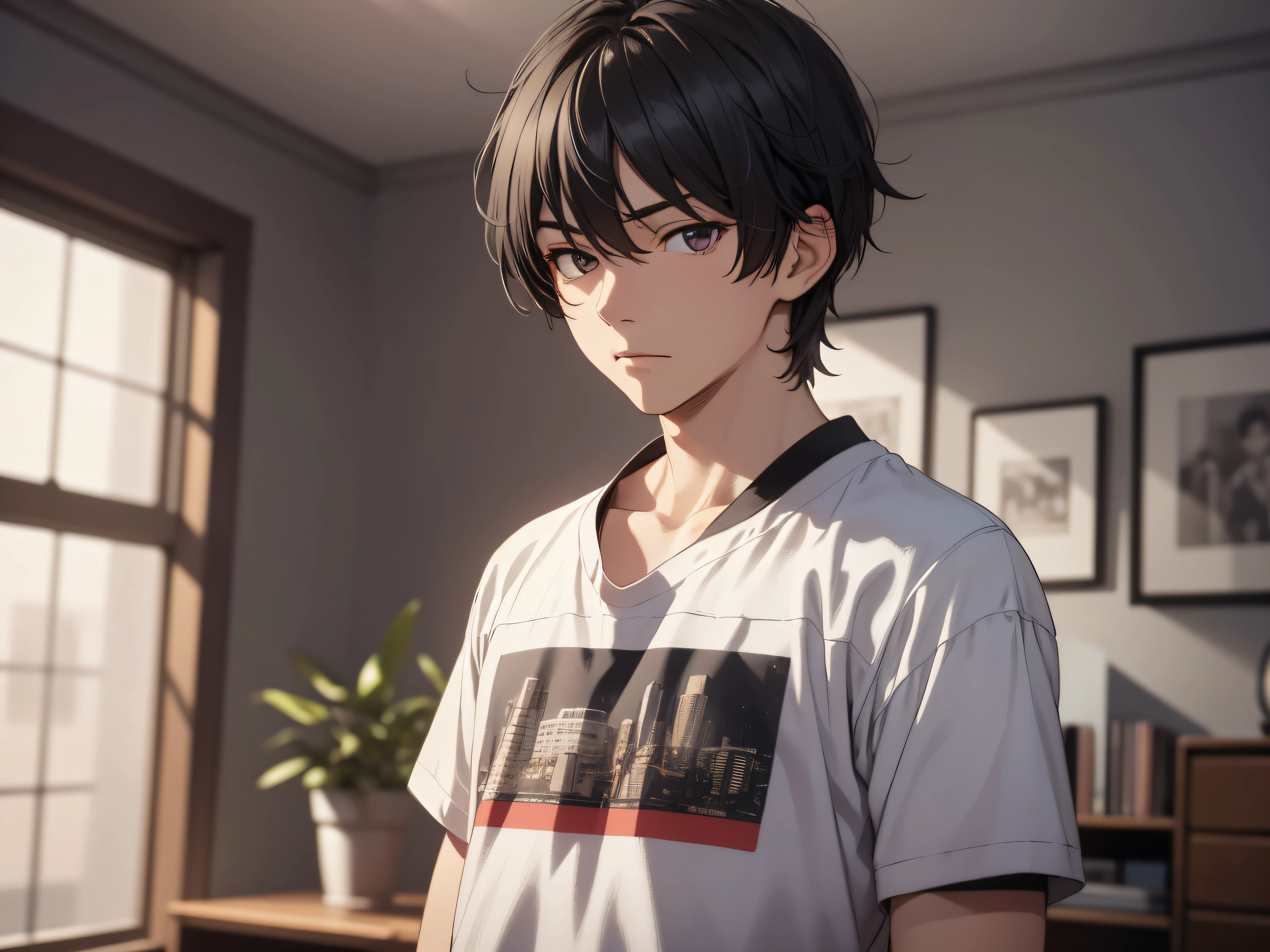 masutepiece, High quality, Best Quality, hard disk, Realistic, Perfect Lighting, Detailed face, male people,24 year old, Detailed body, 1 man, Short black hair, (Innocent expression: 1.5) (Innocent face: 1.5), Stand in your room while sleeping,excited、I'm