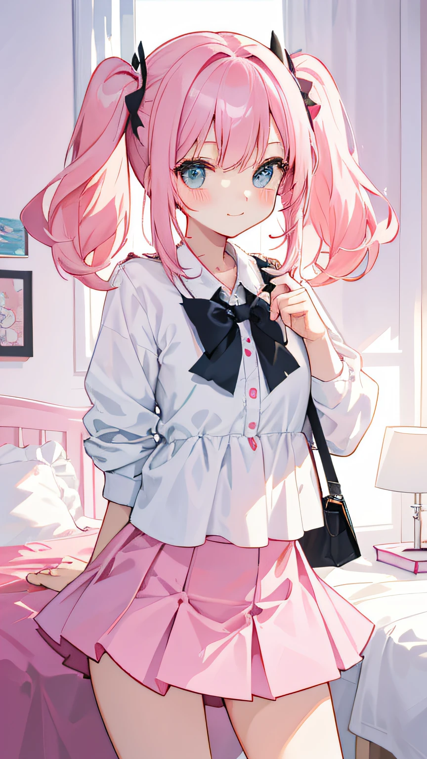 beautiful illustration, best quality, cute girl, bedroom, pink hair, happy, miniskirt, white blouse, two side up