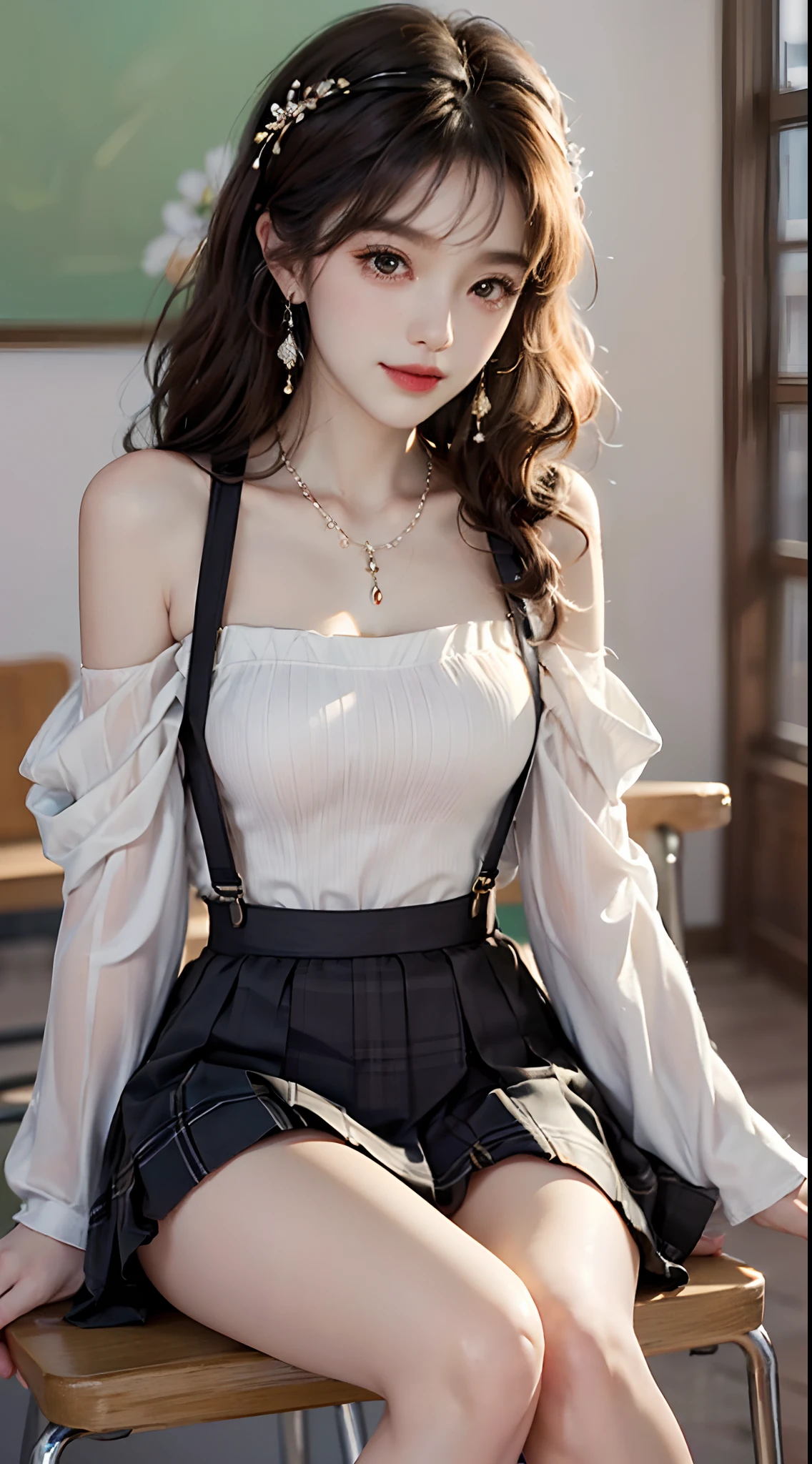 (A hyper-realistic), (illustratio), (high resolucion), (8K), (A highly detailed), (The best illustrations), (Beautiful detailed eyes), (Top  Quality), (Very detailed), (​masterpiece), (wall paper), (Detailed face), Solo, (Dynamic Pose), 1 Girl, White wavy hair, South Korean, Dichromatic eyes, Small moles under the eyes, ((apron)), large full breasts, Long leg, Tightens the abdominal muscles...., (camel toes), (Black stockings), Sit at the table. Pink panties, Look from behind, Super miniskirt,