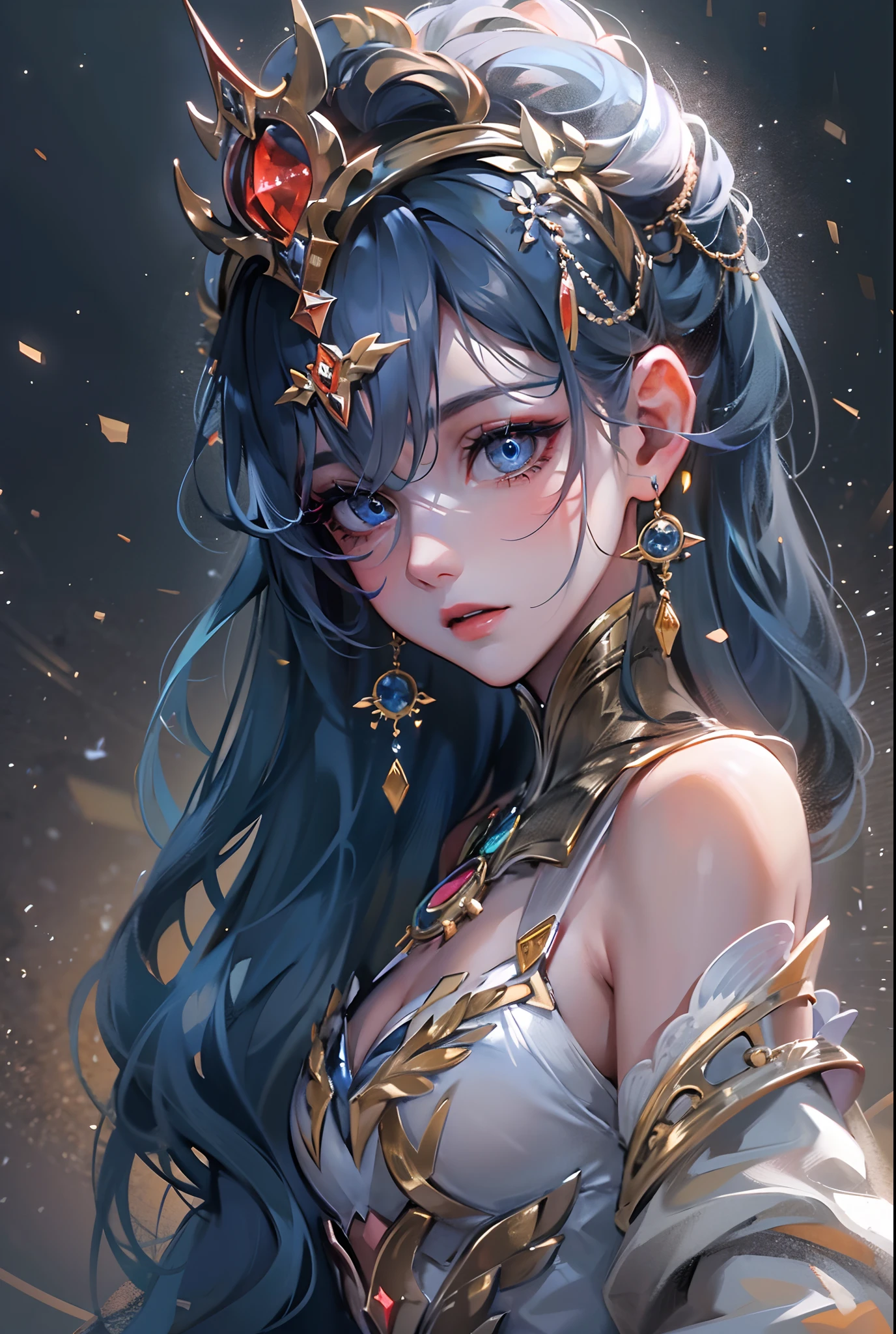 ((tmasterpiece)),(Best quality at best),(A half body),looks away,(ultra intricately detailed),(Highest definition),(8K),(Clean lines),(Perfect facial features,Perfect flesh),(offcial art),1lady,Demigod,(Order),Master the balance,Majesty,Solemn,vacant eyes,Long dark blue hair like the Milky Way,Starry twinkling eyes,indifferent expression