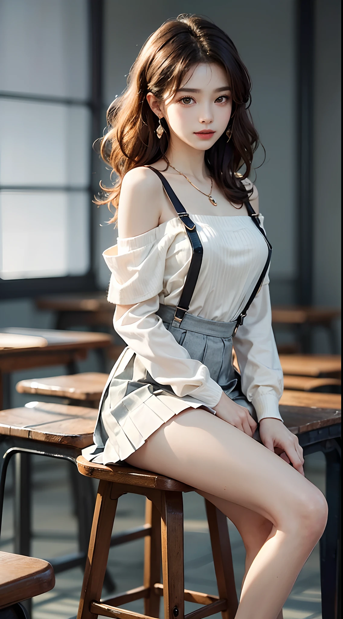 ((full body)), ((Front Shooting)), ((Sit Pose, sitting on a stool)), ((off shoulder clothes)), ((hands at the back)), ((realistic)), 1girll, Asian model, inside a classroom, Detailed scenes, curlies, Air bangs, Beautiful hair accessories, Brown hair, slim, ((Black suspenders, White pleated skirt)), warm lights, a warm color palette, Detailed details, ultra-detailliert, (tmasterpiece, best qualtiy), (An extremely delicate and beautiful work), Delicate earrings, Delicate necklace, Simple blurred background, Extreme detail description, Ultra-fine painting, Delicate face, slim toned body, ssmile