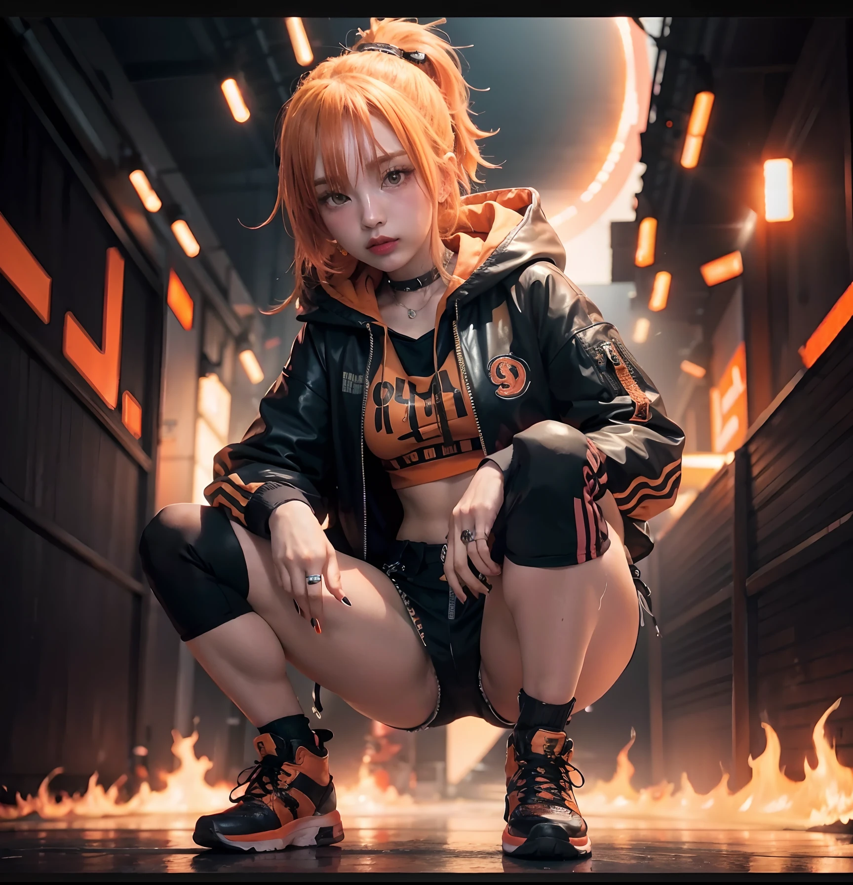 Orange Punk Fashion Female Idol、hooded jacket、full body Esbian、Flame Stage