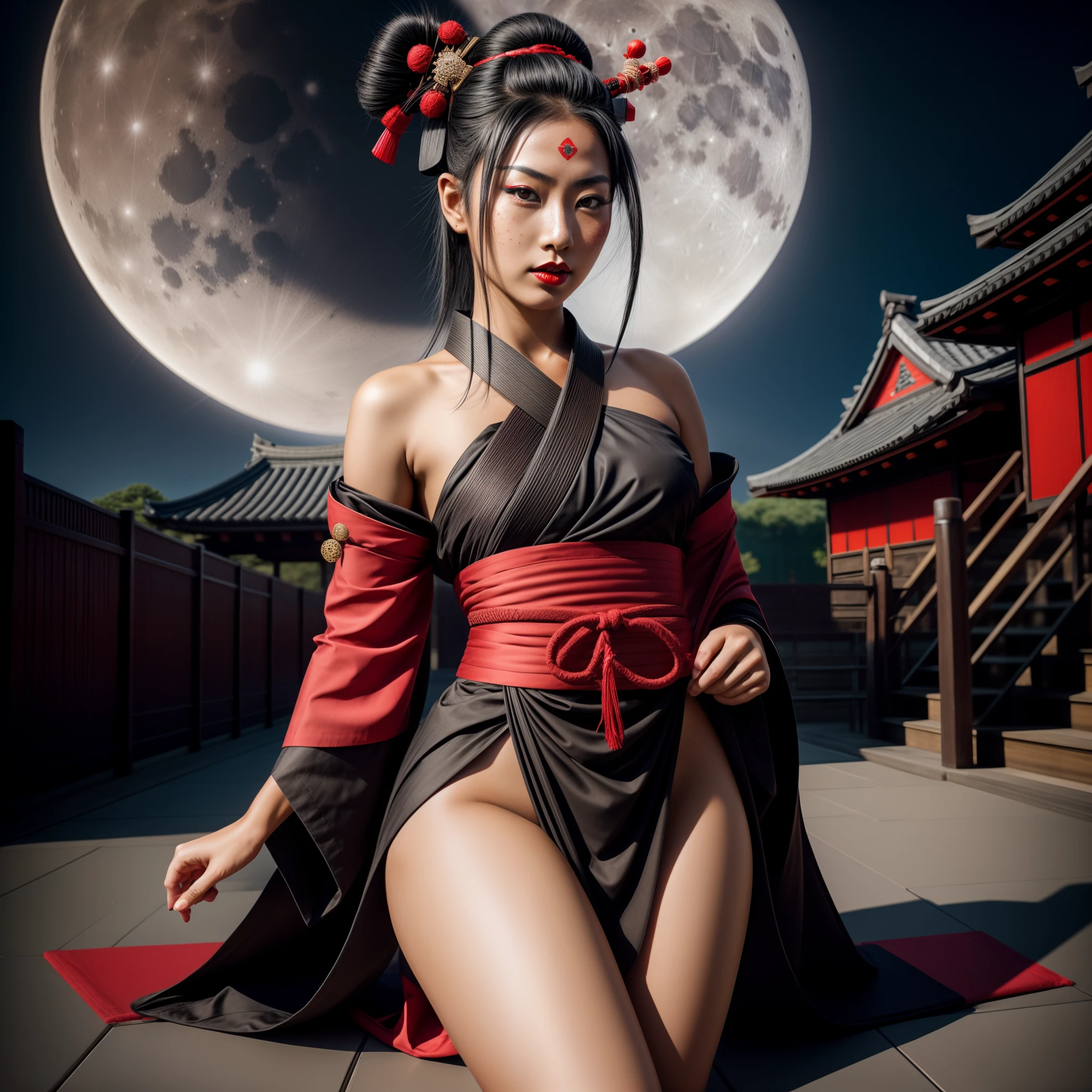 RAW, photograph of a Female samurai warrior, jet black hair, dark skinned tanned, red black, bright moon, freckles on the face, red lipstick, full body, no extra hair, diamond shaped face, cover top, black eyeballs, geisha warrior, Fuji XT-3, 50 mm