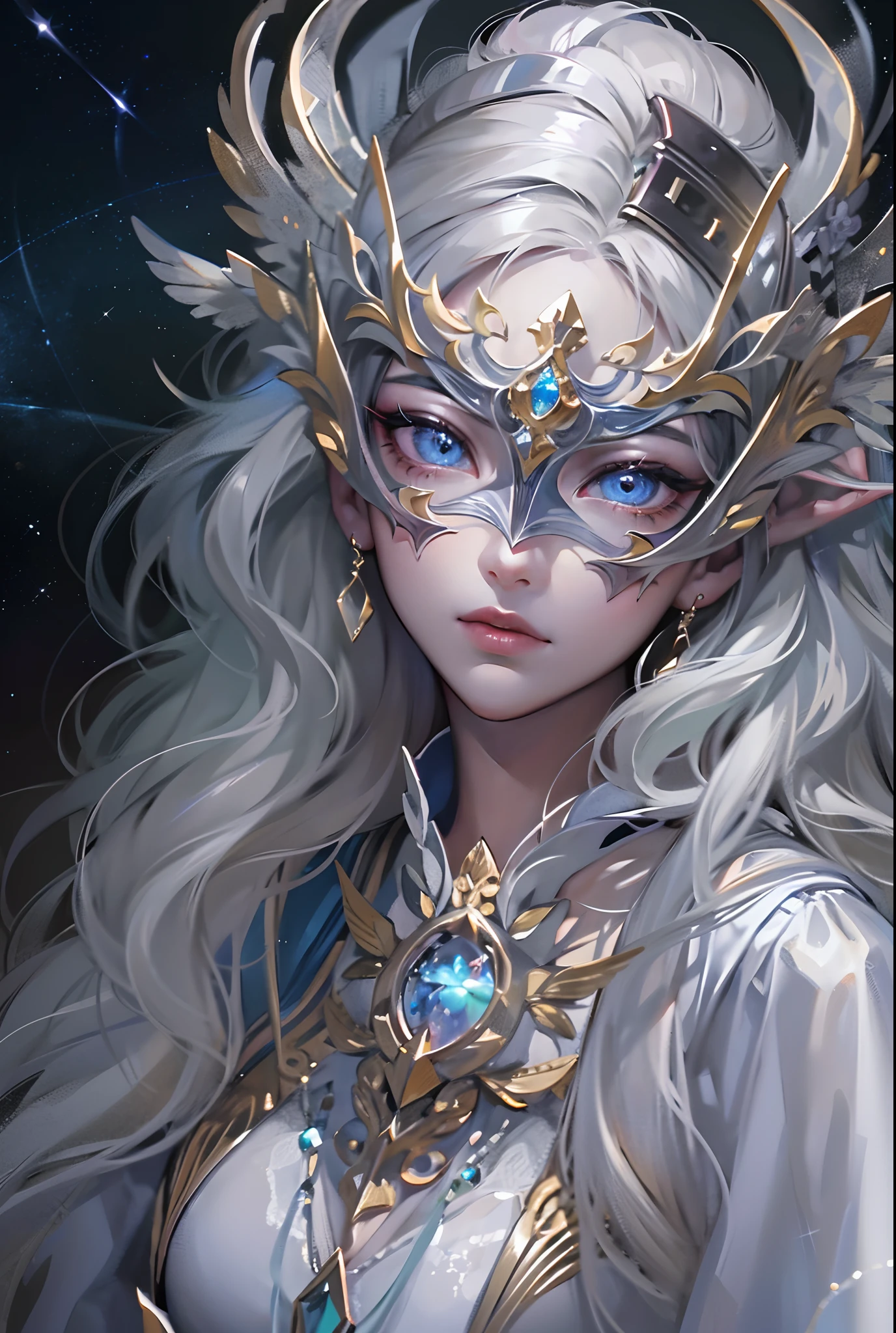 ((tmasterpiece))，(Best quality at best)，(A half body)，looks away，(ultra intricately detailed)，(Highest definition)，(8K)，(Clean lines)，(Perfect facial features，Perfect flesh)，(offcial art)，1lady，Demigod，Cosmic Enforcer，Master the balance，Majesty，Solemn，vacant eyes，Extremely long hair like the Milky Way，Starry twinkling eyes，Indifferent expression，(Gorgeous silver mask)