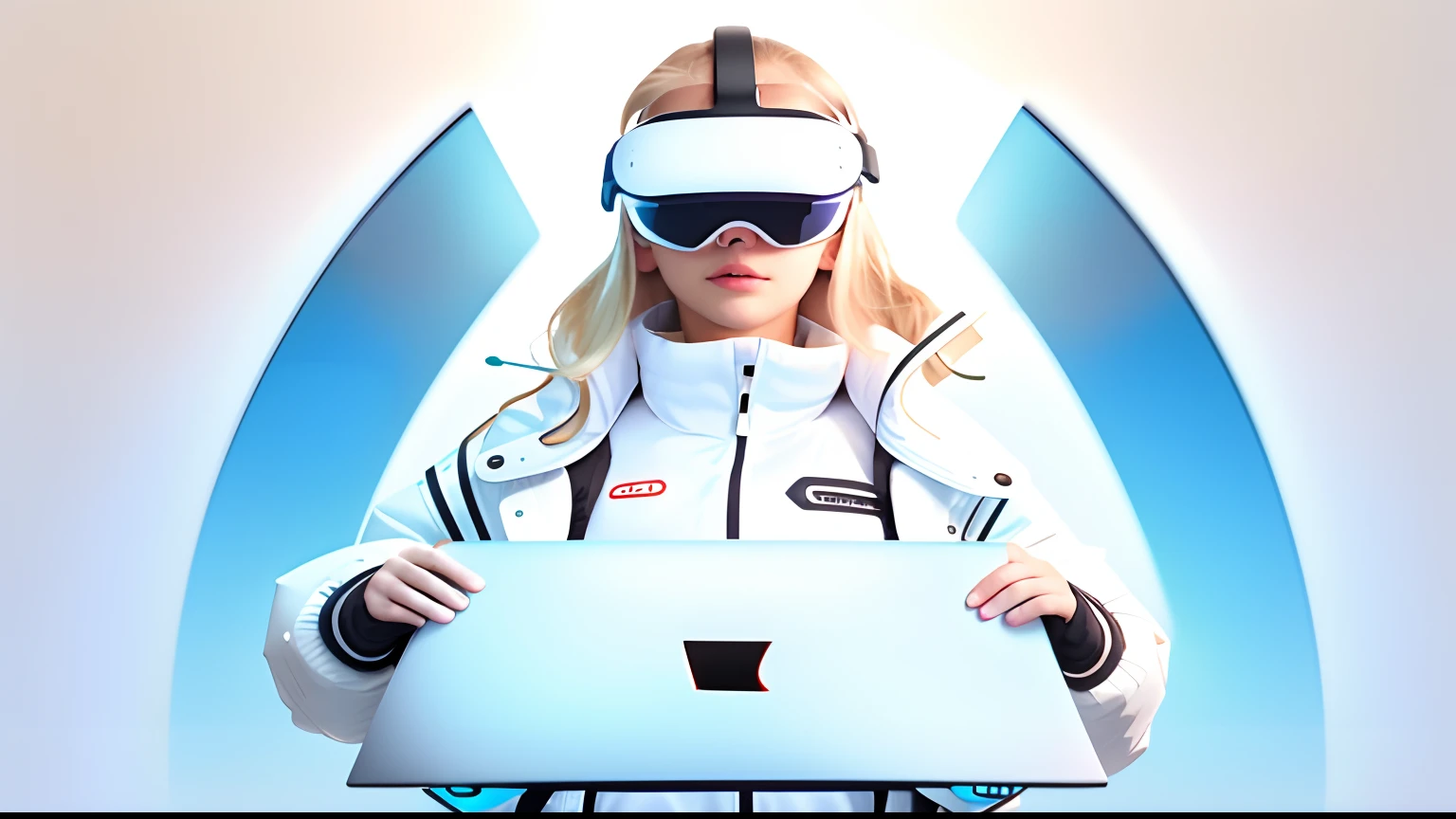 Blonde woman holding whiteboard in white jacket and black jacket, oled visor over eyes, Wearing VR, wearing vr goggles, Wear a VR headset, Wearing VR glasses, Wear a VR headset, Virtual reality, vr helmet, oled visor for eyes, sleek oled blue visor for eyes, Floating VR headset, vr goggles, VR glasses