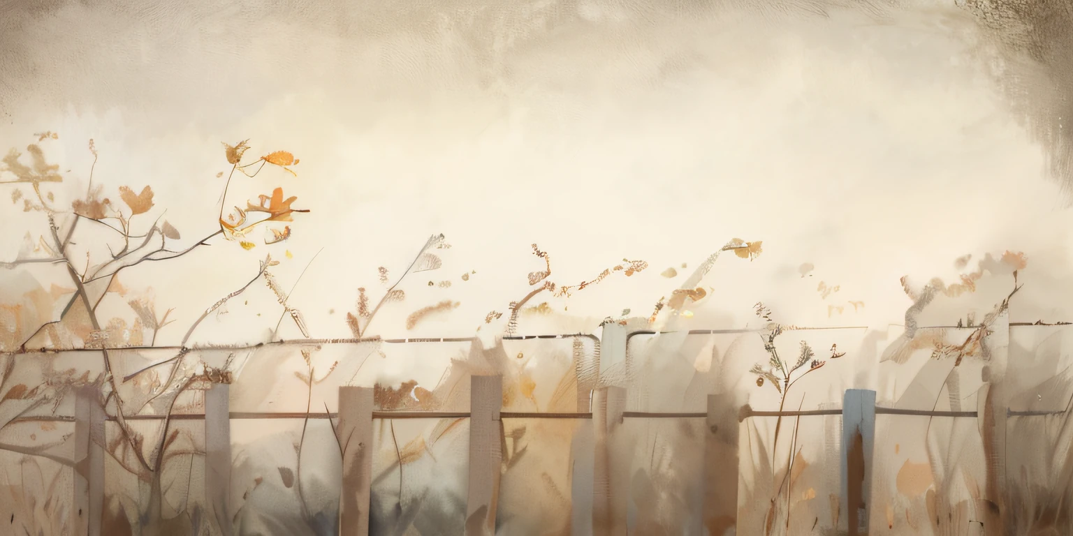 Dull yellow tones，Messy shrubs，fences, background artwork, autumn field, watercolor digital painting, Fence line, digital watercolor painting, Atmospheric. Digital painting, digital watercolor, Wooden fence, tonalism illustration, Texture is heavy，Heavily textured background