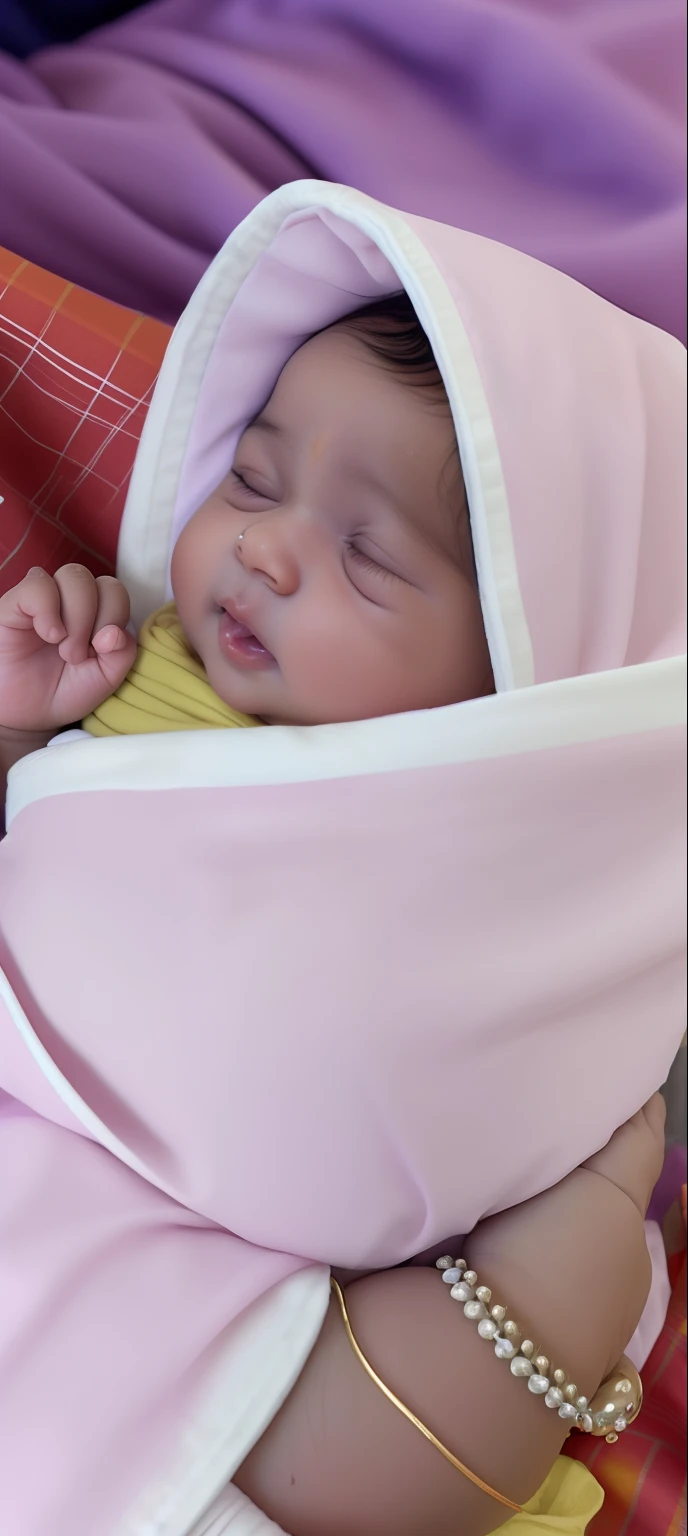 there is a baby wrapped in a blanket and sleeping on a woman's lap, high quality upload, covered with blanket, very very low quality picture, not cropped, innocent face, nivanh chanthara, sleeping princess!!!!, 4 0 9 6, babies in her lap, face shot, very excited, captured on iphone, with a happy expression, potrait , please convert this baby photo in baby lord Krishna