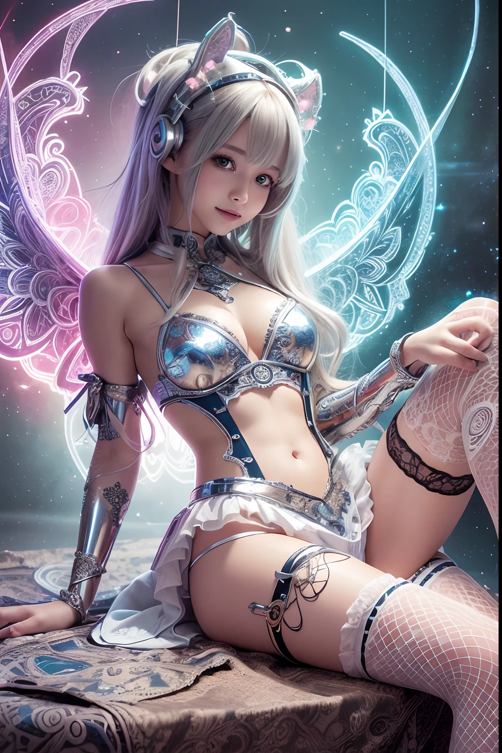 Cyborg, Girl, Beautiful girl, Cute, Sexy, Strong, Slender, Delicate, Smile, (Lolita costume), High legs, Metallic, ultra color, paisley, Headgear, mandalas, Near future, Heaven, angel, feater, wing, Helix lamp