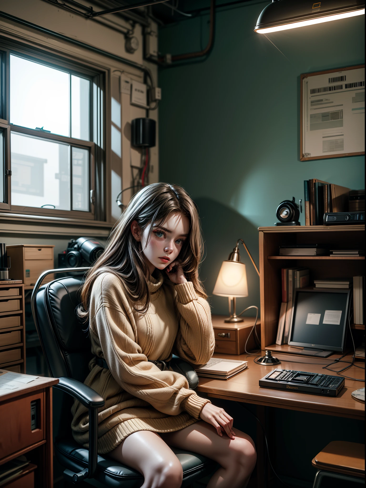 a Soviet girl sitting in a chair in front of a soviet computer in the communal factory, 8K, cinematic lighting, photographic, Eastman Kodak Color Negative film 5251 50T shot on panavision super ps . no arms