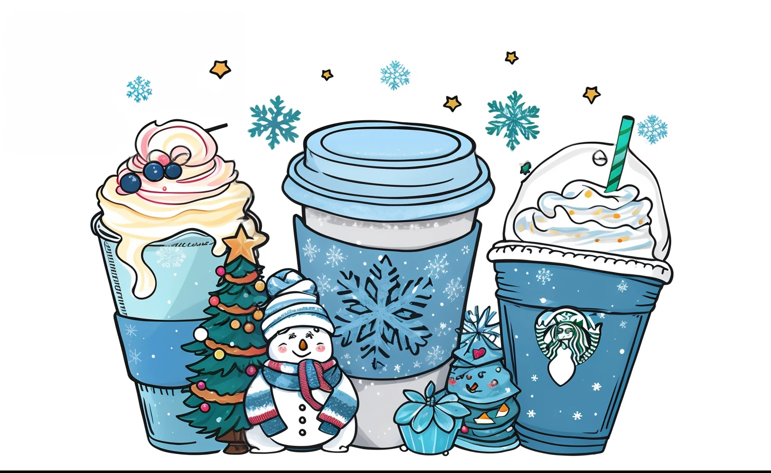 There are many different drinks and drinks on the table, festivity, cozy cafe background, illustration!, ice cold blue theme, Arte conceitual de inverno, cold as ice! 🧊, warm, sugar snow, Commercial illustration, celebration of coffee products, delicacy, Highly detailed illustration, detailed digital illustration, soft - warm, illustrated starbucks interior, 3 winter deities, Matte