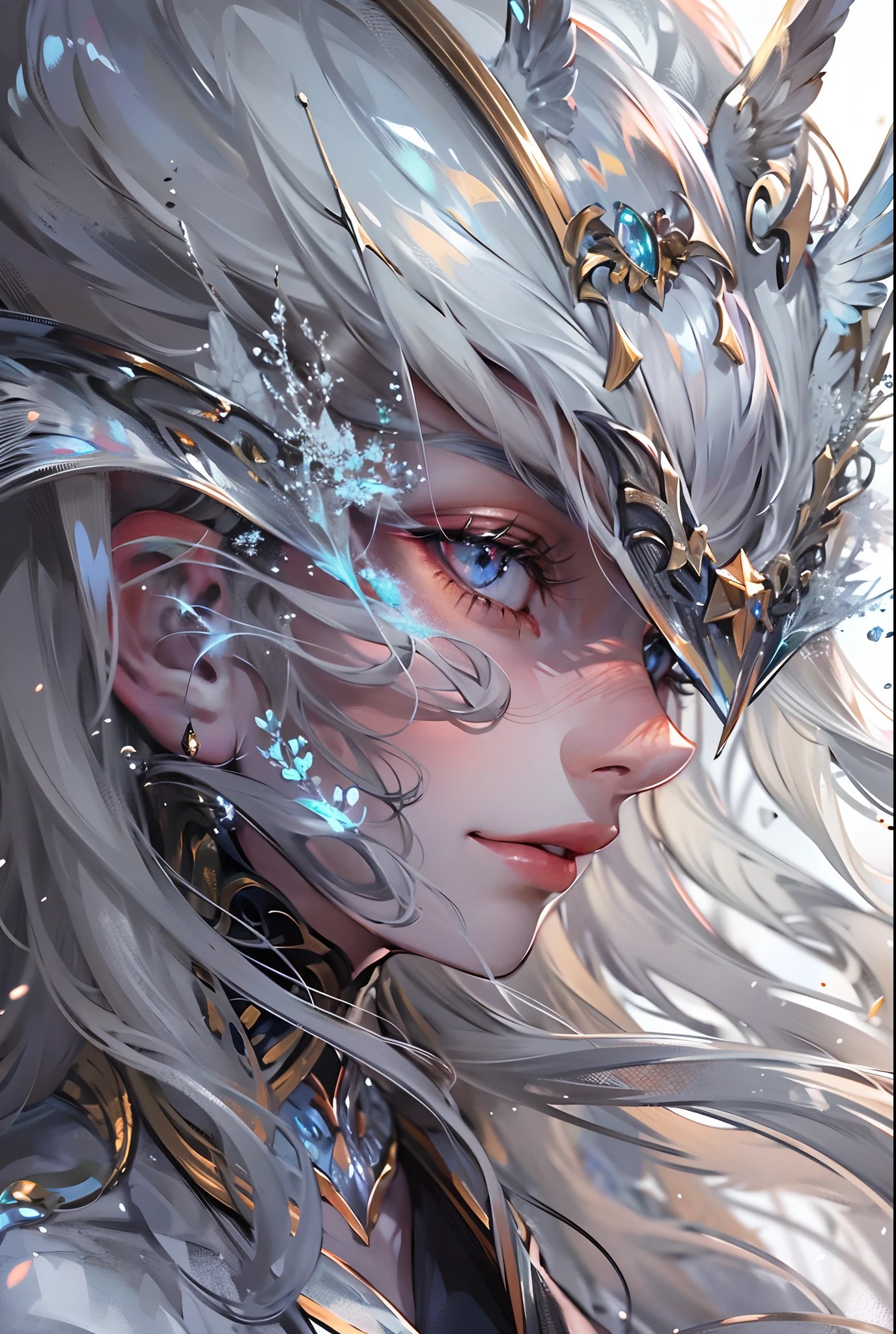 ((tmasterpiece)),(Best quality at best),(A half body),looks away,(ultra intricately detailed),(Highest definition),(8K),(Clean lines),(Perfect facial features,Perfect flesh),(offcial art),1lady,Demigod,King of Angels,Cosmic Enforcer,Master the balance,Majesty,Solemn,vacant eyes,Extremely long hair like the Milky Way,Starry twinkling eyes,Indifferent expression,(Gorgeous silver mask)