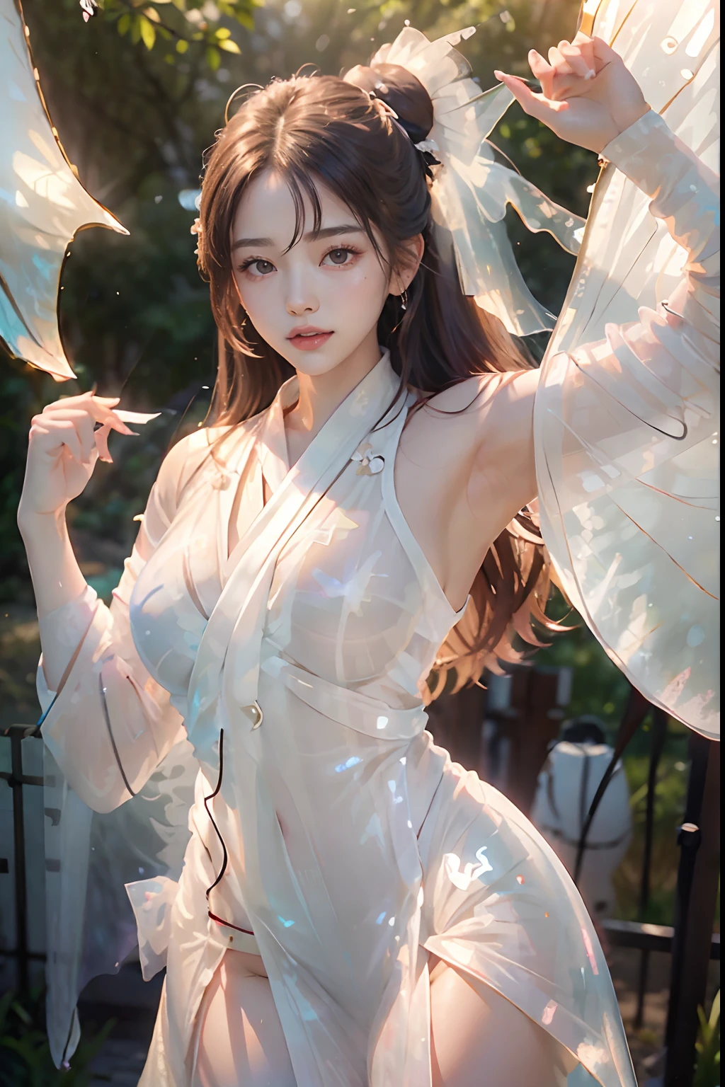masterpiece、top-quality、8K、detaileds、Detailed face and skin、hight resolution、perfect anatomia、physically-based renderingt、(NSFW:1.3), Photorealsitic、1 person woman、20yr old、Long Wave Hair、brown haired、Constriction waist、Colossal tits、big breasts thin waist、nabel、Crotch gap、thighs thighs thighs thighs、Big tight buttocks、Trained raised buttocks、Attractive bust, big breasts thin waist, The proportion of long limbs,), (big warm smile)、(Beautie:1.3)、(in her 20s:1.3)、A charming smile, Beautie(with round face:1.1)、Makeup thick、Naive and innocent woman、symmetric clear eyes、Well-groomed face、cleavage, Navel, off shoulders, Seductive smile, (She wears a translucent white kimono on her body.:1.9)、White sexy kimono、(a necklace:1.3)、耳Nipple Ring、Feeling of temptation、Sexy feeling、Bewitching、A sexy、(Skin shows through)、T-back panties、No bra、Focus on Face、(dynamicposes:1.2)、(dynamic ungle:1.2)、(FULL BODYSHOT:1.5)、(Dynamic Pose)、randam angle、Lights from the front、Shine a light on your face:1.4、