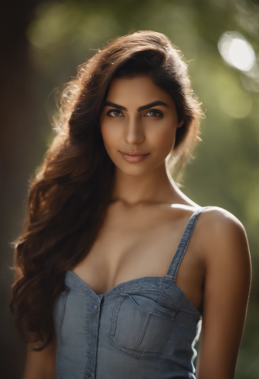 Pakistani woman with fair skin tone, blue halter top and jeans, 20 years old